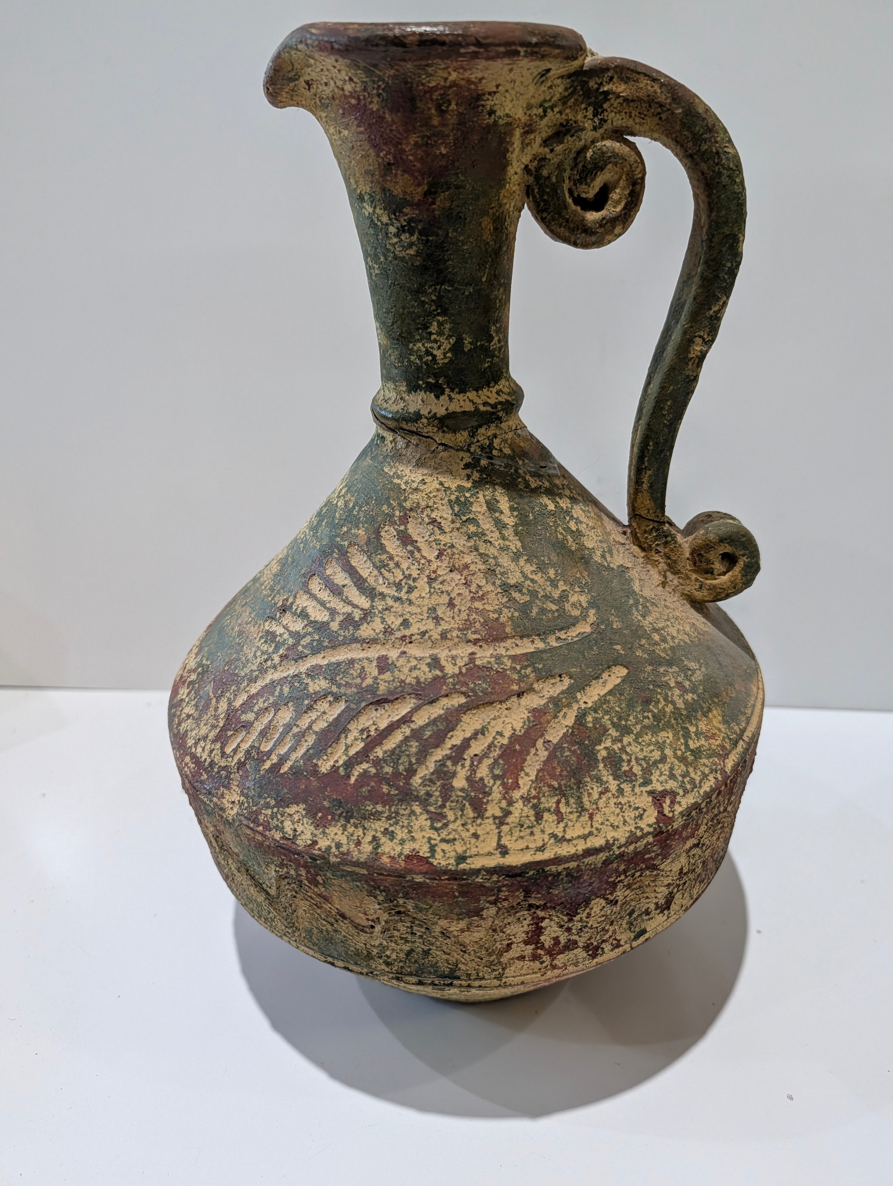 Vintage Mediterranean Style Hand Painted Ceramic Ewer Pitcher Rustic Pottery