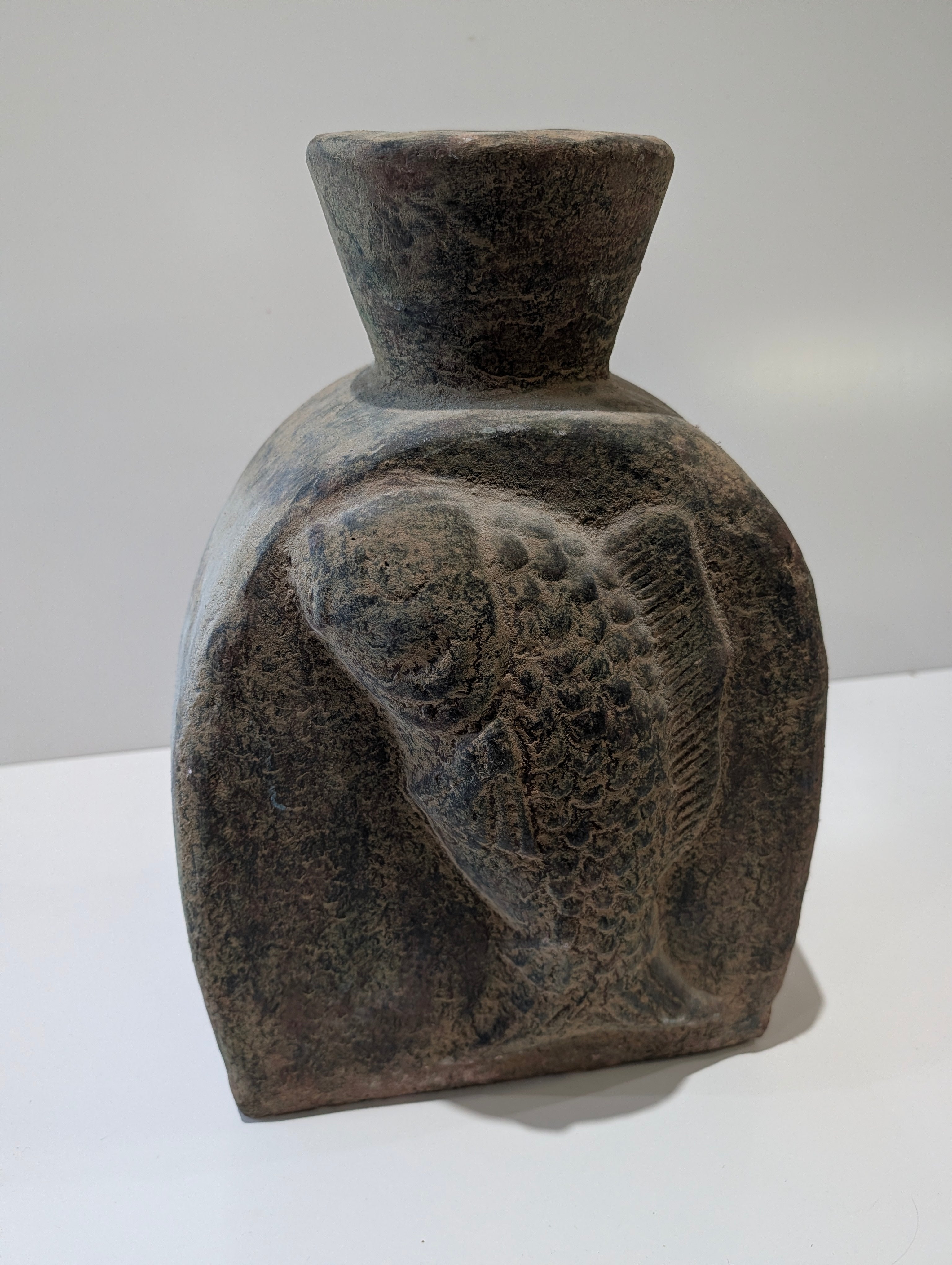 Vintage Brutalist Fish Relief Ceramic Bottle Vase Studio Pottery Rustic Decor