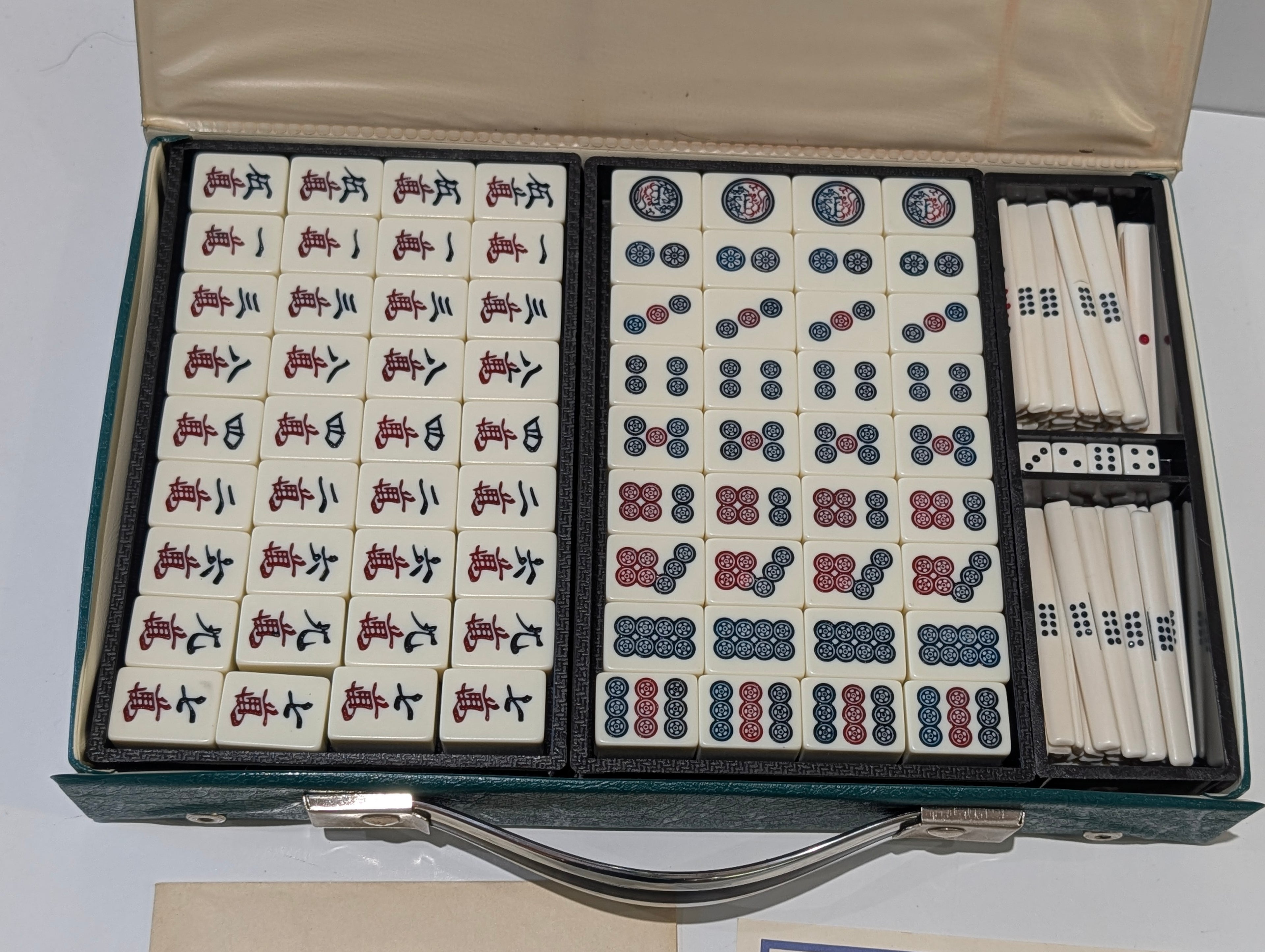 Vintage Mahjong Tile Game Set In Carry Case With Racks Dice Instruction Sheets