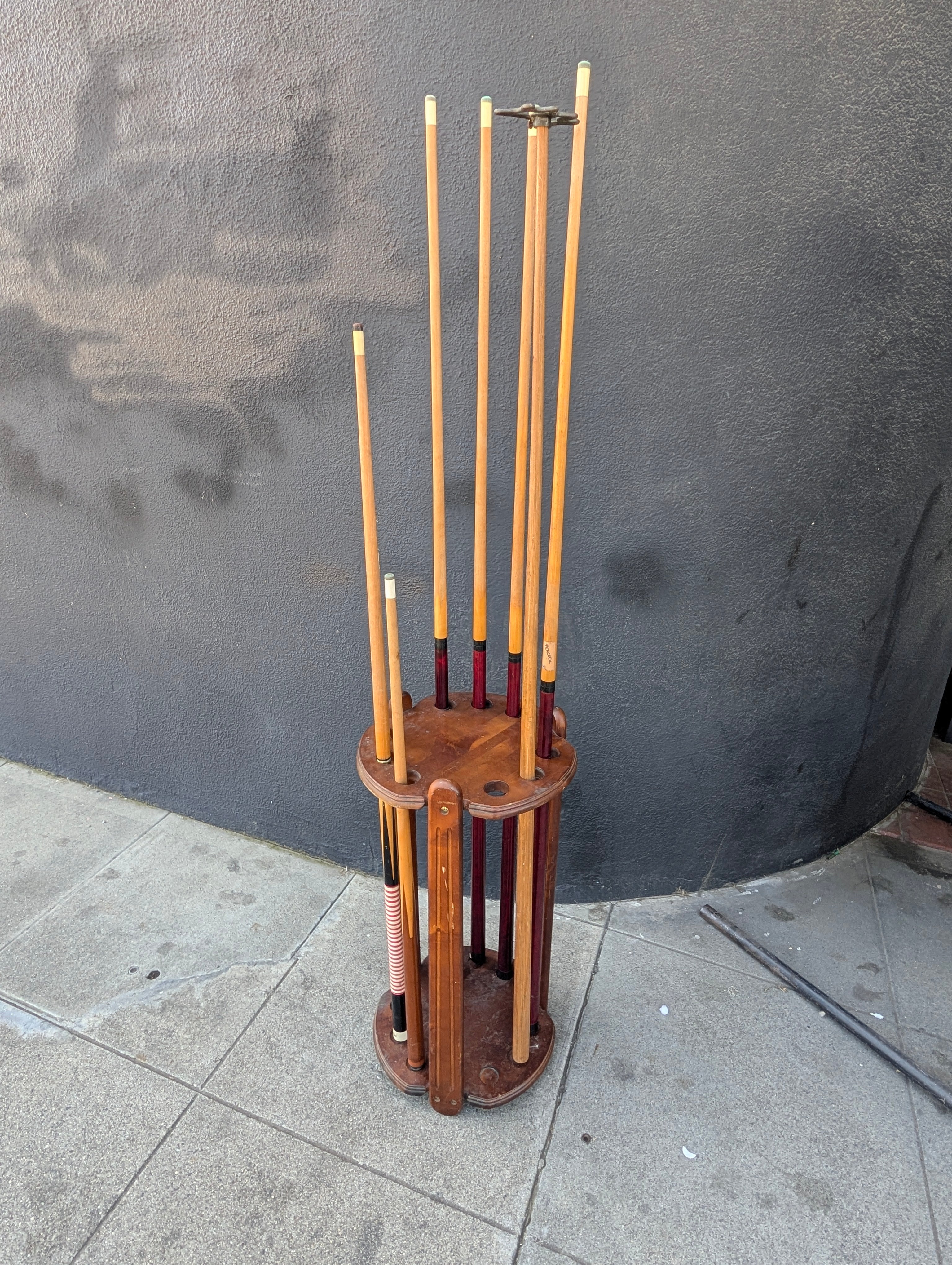 Vintage Wooden Pool Cue Rack With Assorted Billiard Cues Game Room Decor Set
