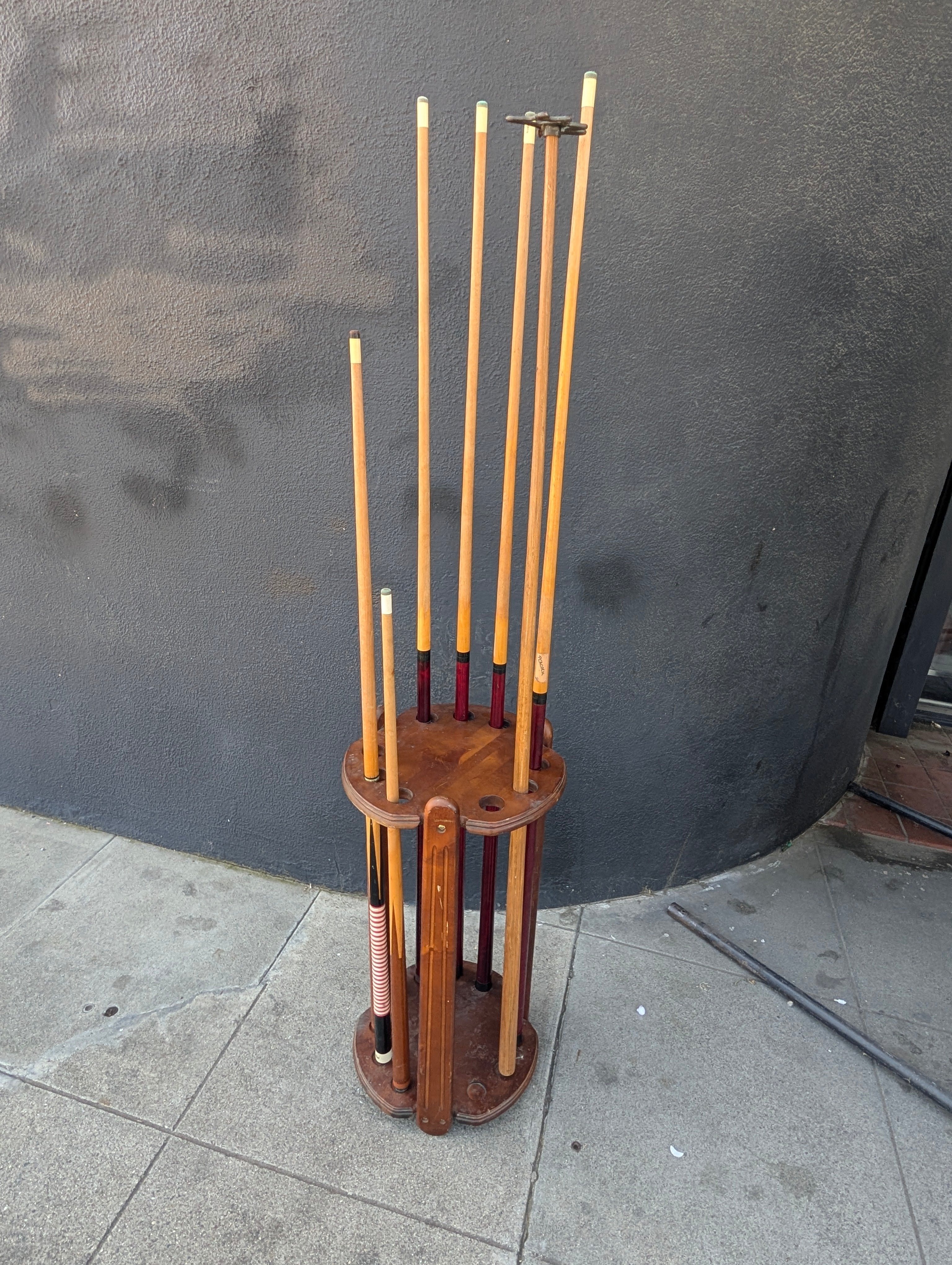 Vintage Wooden Pool Cue Rack With Assorted Billiard Cues Game Room Decor Set