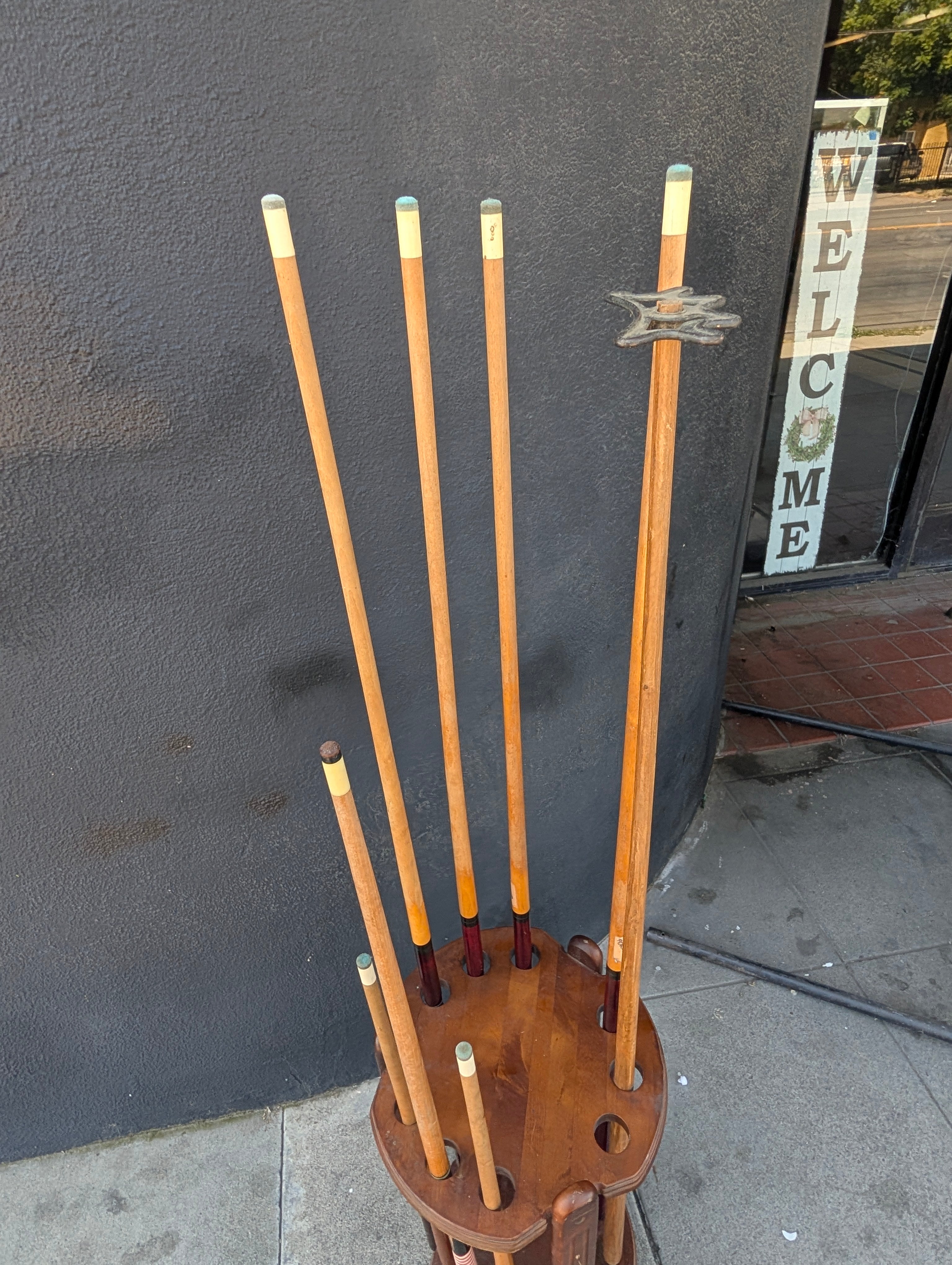 Vintage Wooden Pool Cue Rack With Assorted Billiard Cues Game Room Decor Set