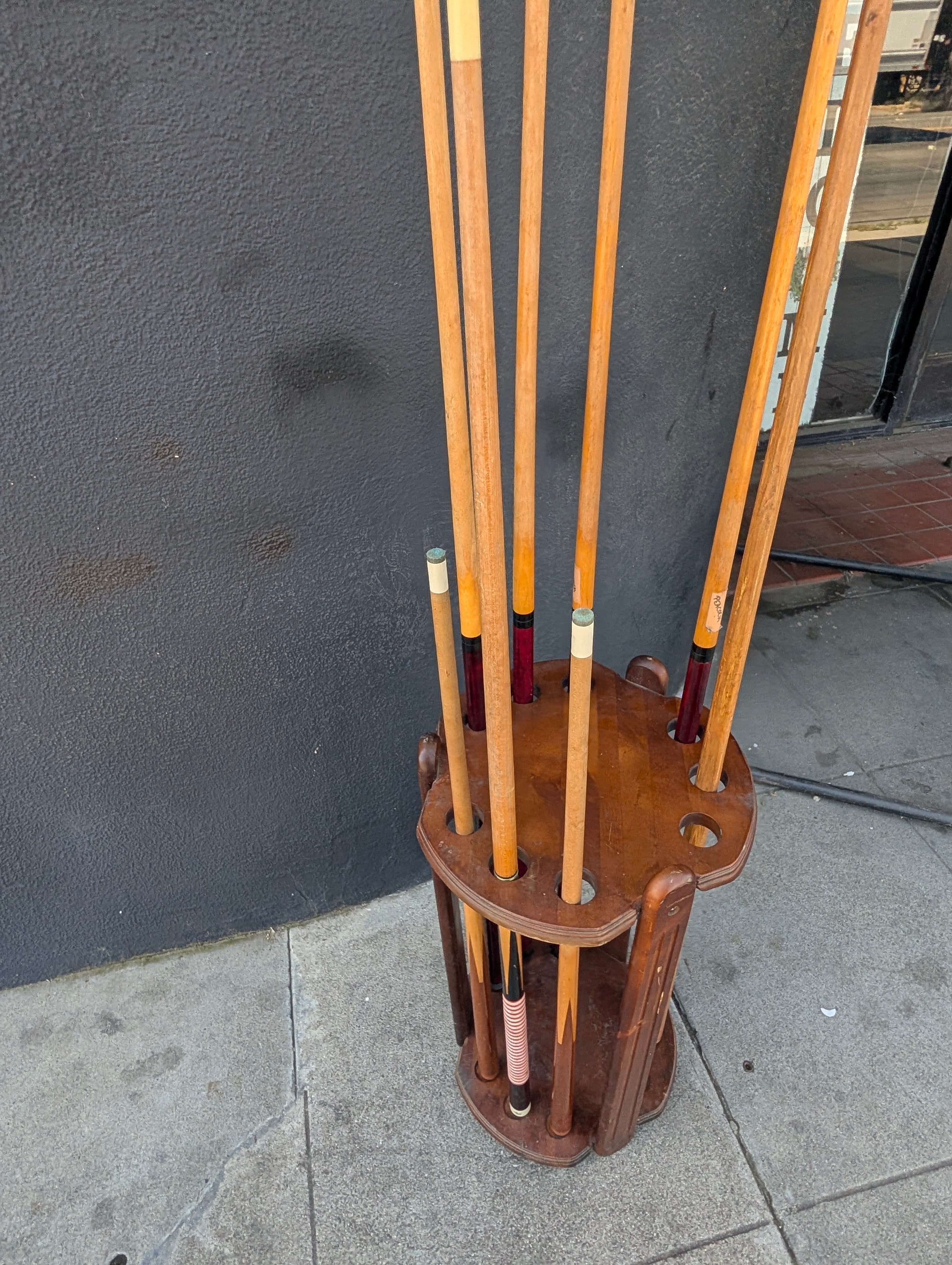 Vintage Wooden Pool Cue Rack With Assorted Billiard Cues Game Room Decor Set