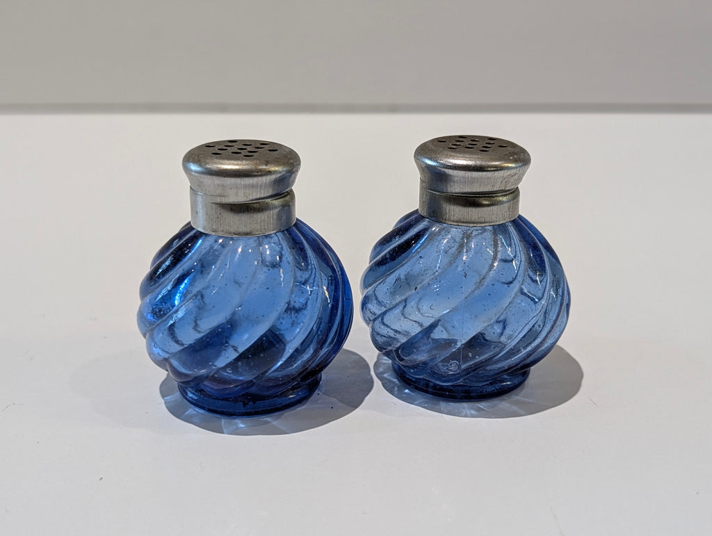 Vintage Cobalt Blue Swirl Glass Salt & Pepper Shaker Set Art Glass Tableware