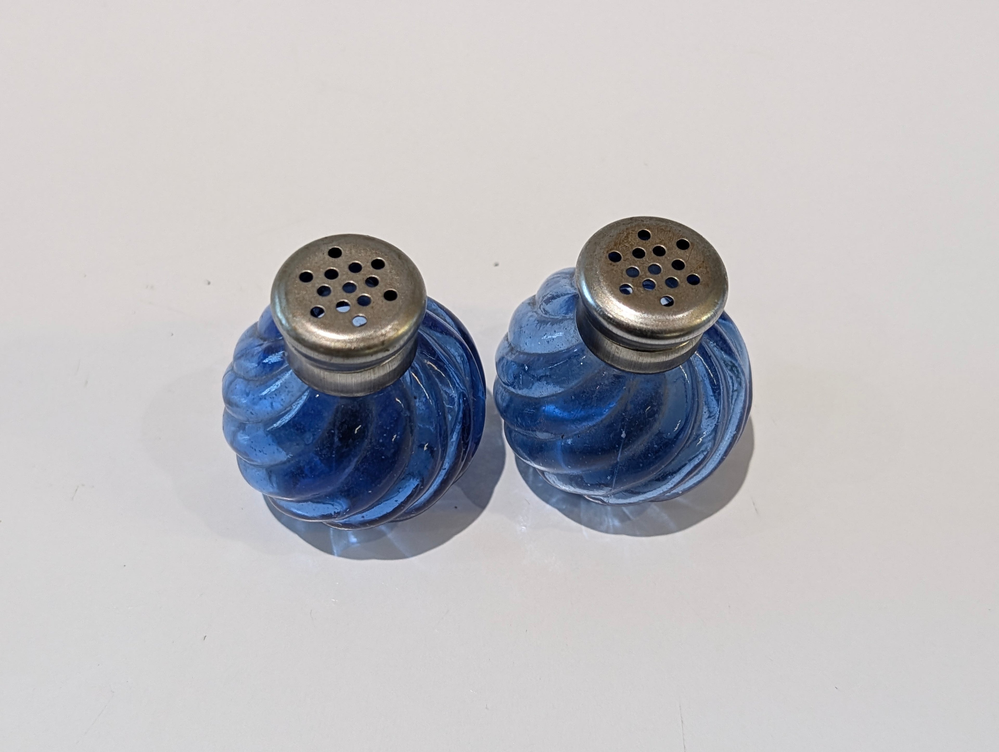 Vintage Cobalt Blue Swirl Glass Salt & Pepper Shaker Set Art Glass Tableware