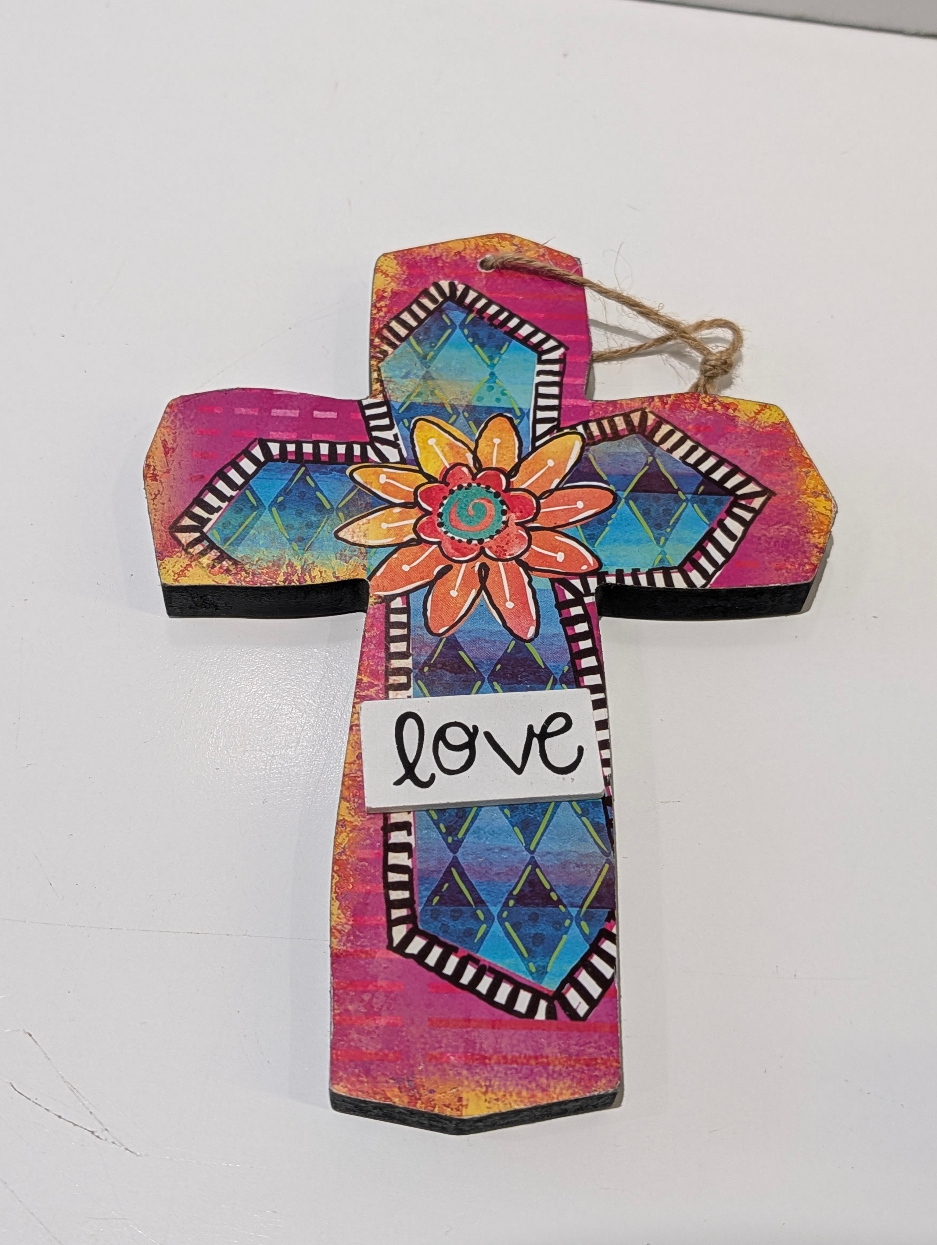 Colorful Decorative Wooden Cross Wall Hanging Love Floral Christian Faith Art