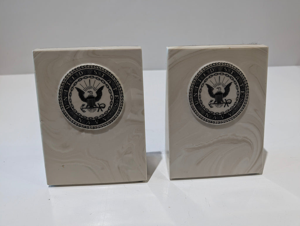 United States Navy Marbleized Bookends Pair Military Nautical Desk Decor Display