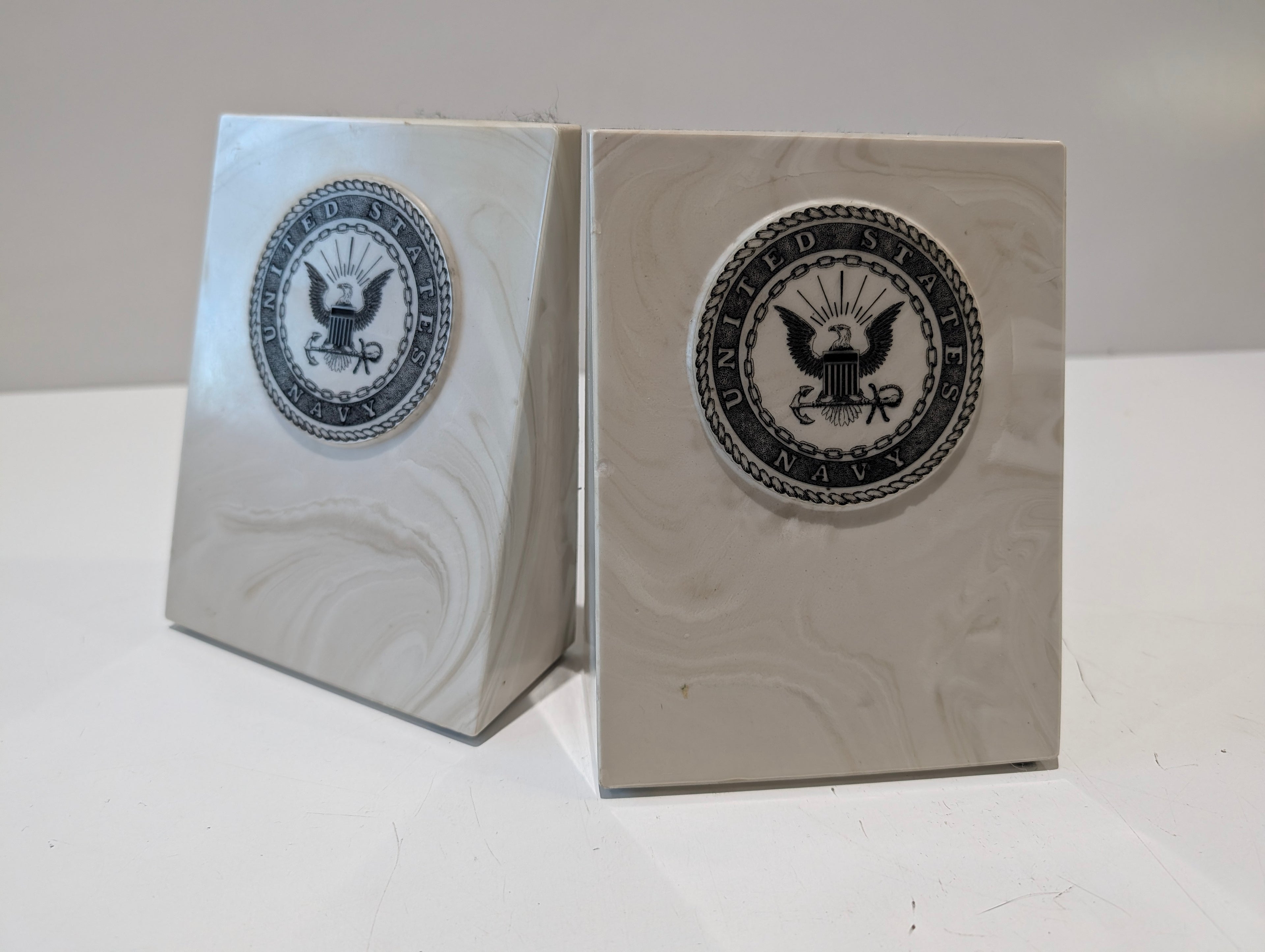 United States Navy Marbleized Bookends Pair Military Nautical Desk Decor Display