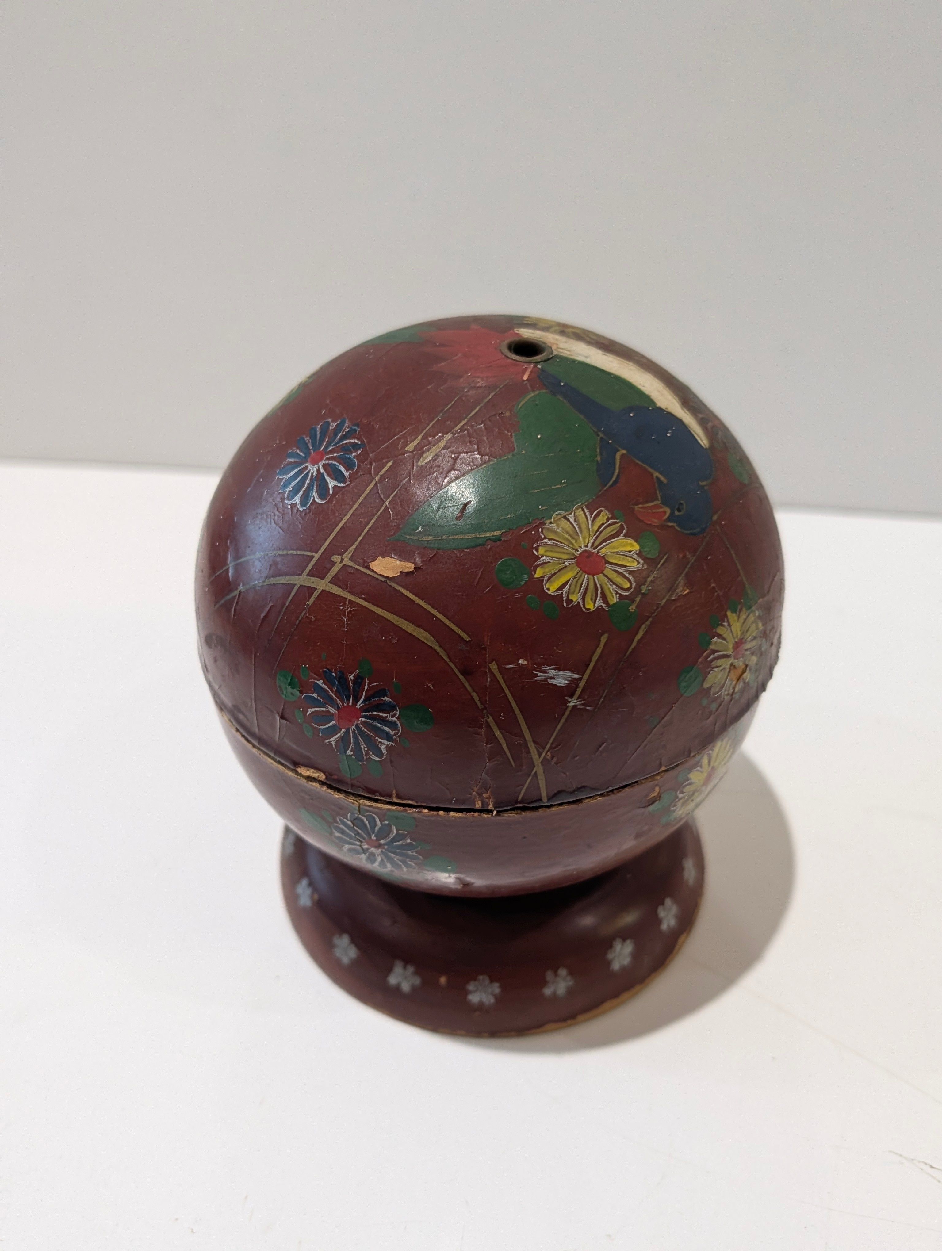 Vintage Hand Painted Folk Art Papier Mache Sphere Trinket Box Bird Floral Decor