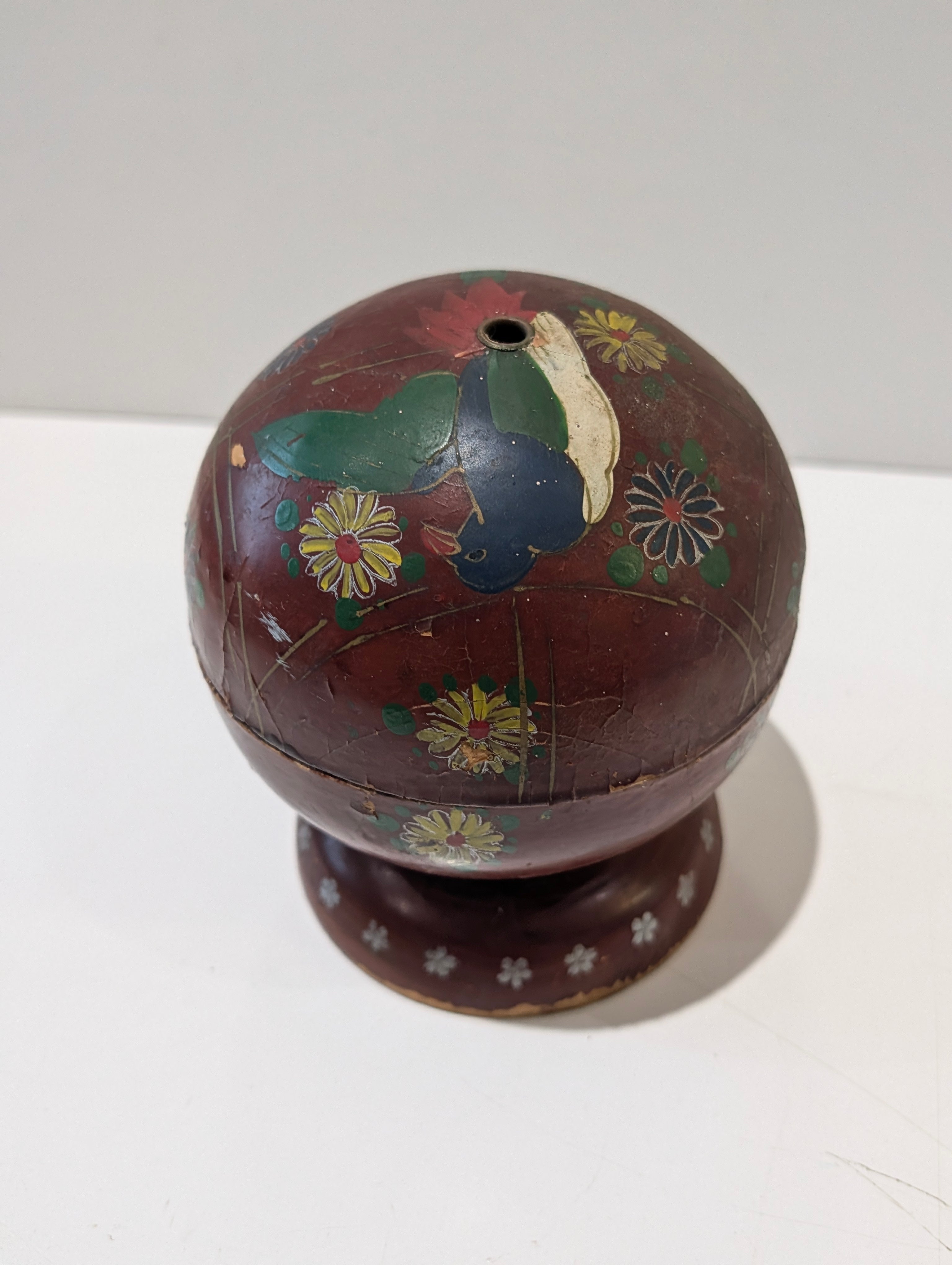 Vintage Hand Painted Folk Art Papier Mache Sphere Trinket Box Bird Floral Decor