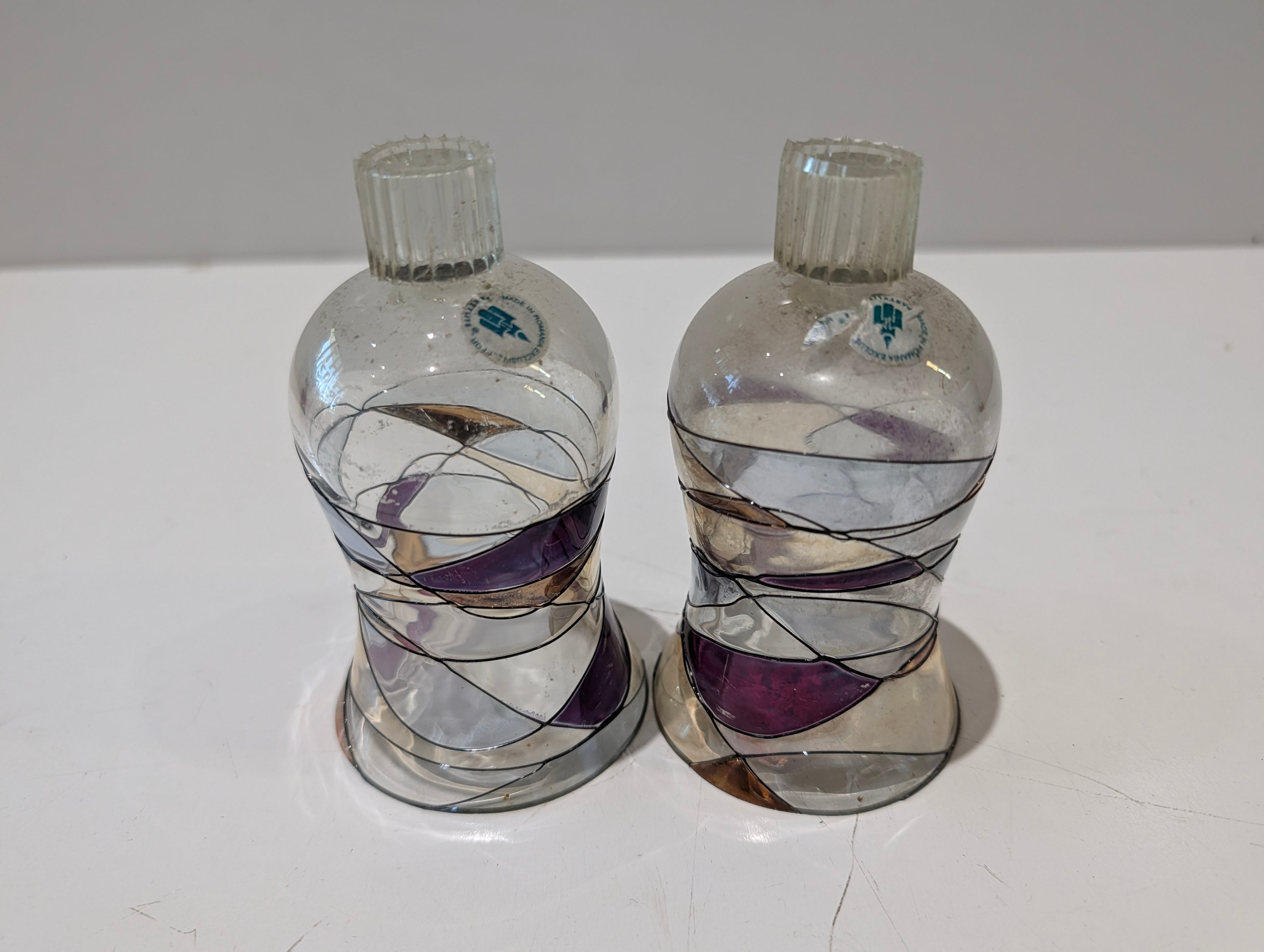 Vintage PartyLite Romania Hand Blown Art Glass Candle Holders Pair Purple Swirl
