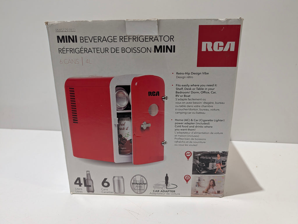 RCA RMIS129-RED Mini Beverage Refrigerator 4L 6 Can Portable Cooler AC Car