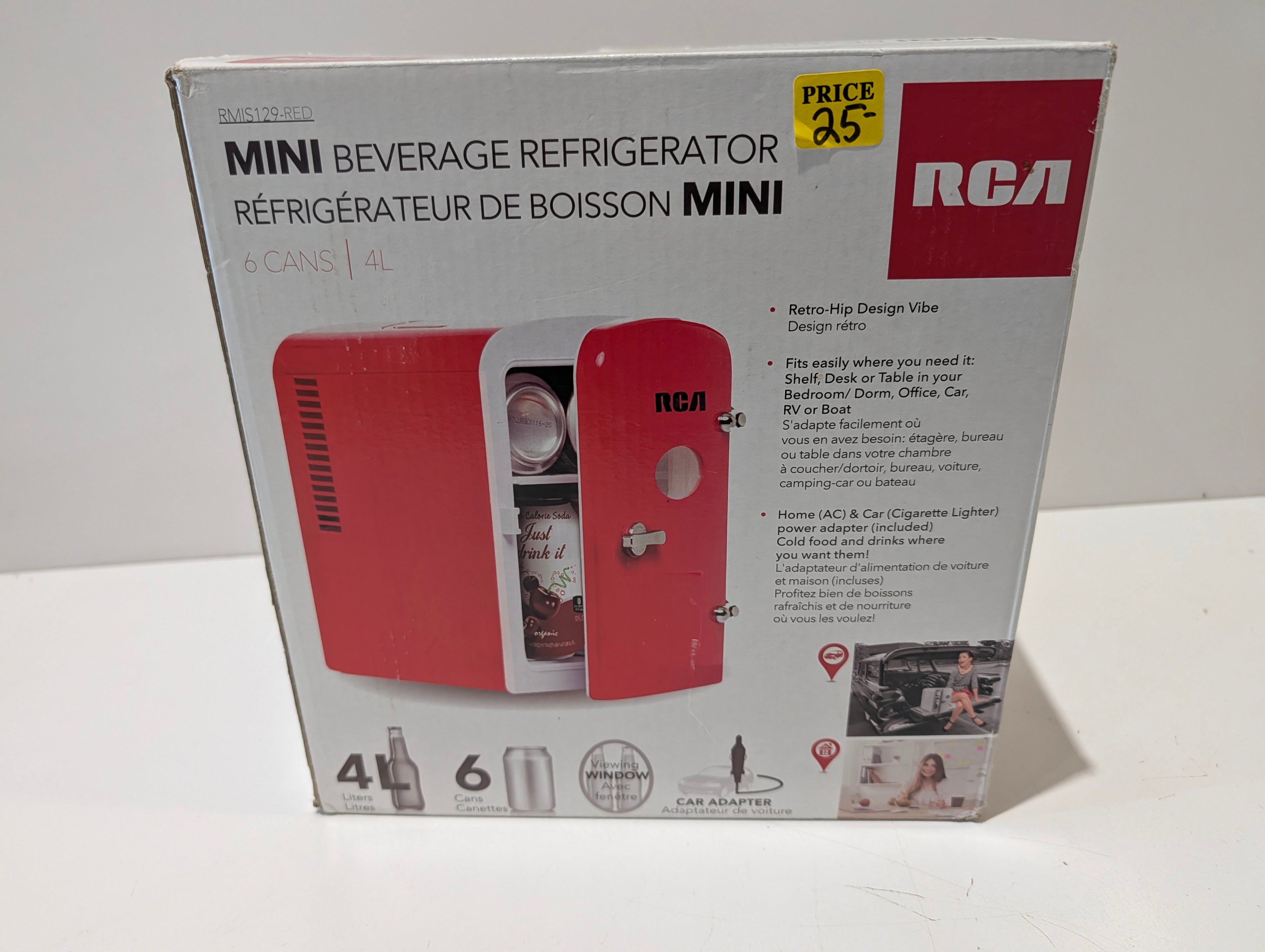 RCA RMIS129-RED Mini Beverage Refrigerator 4L 6 Can Portable Cooler AC Car