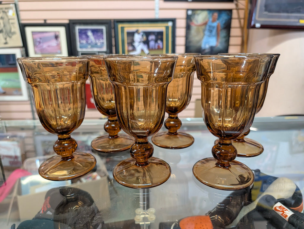 Amber Brown Pressed Glass Goblets Water Wine Juice Stemware
