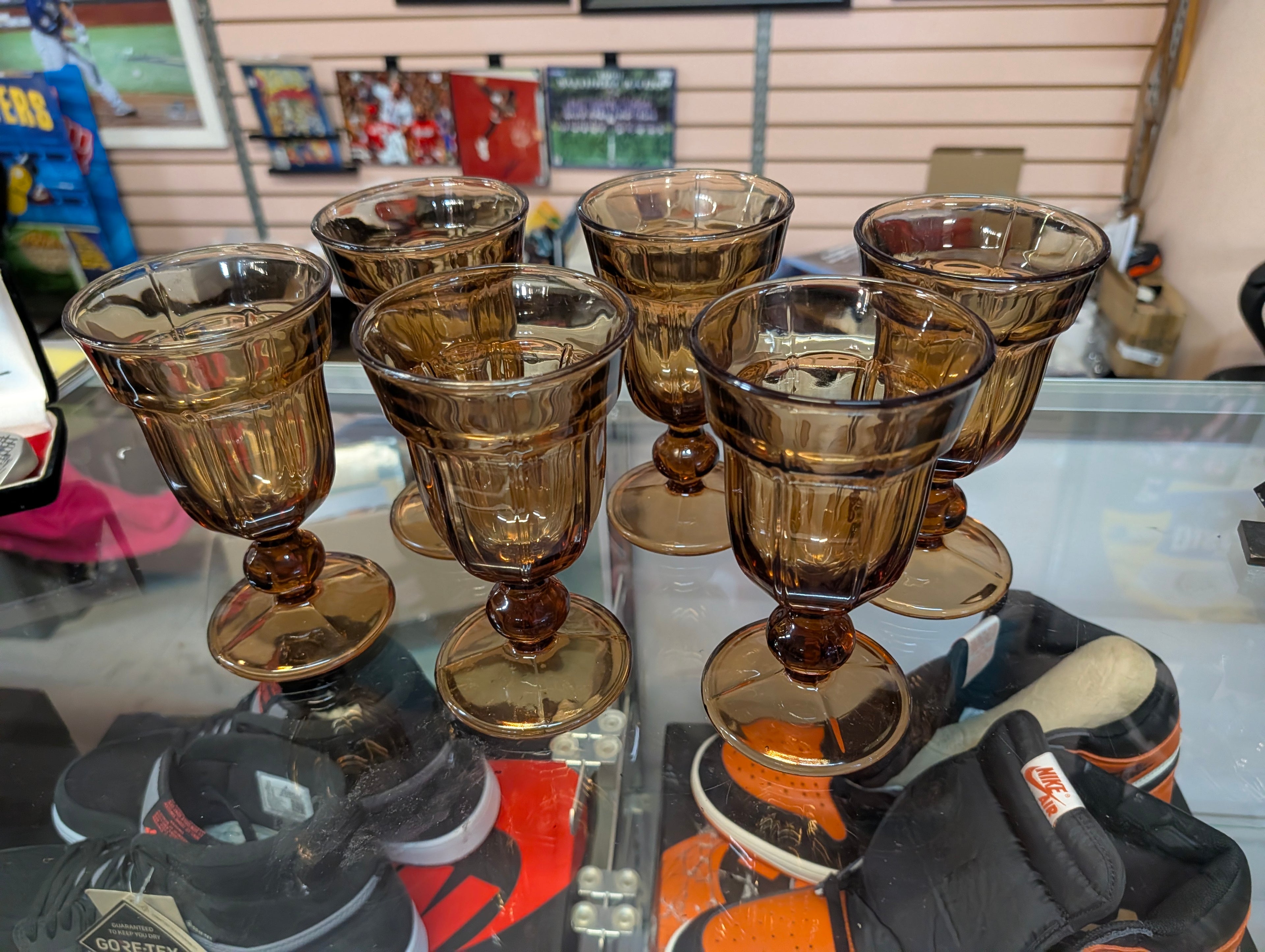 Amber Brown Pressed Glass Goblets Water Wine Juice Stemware