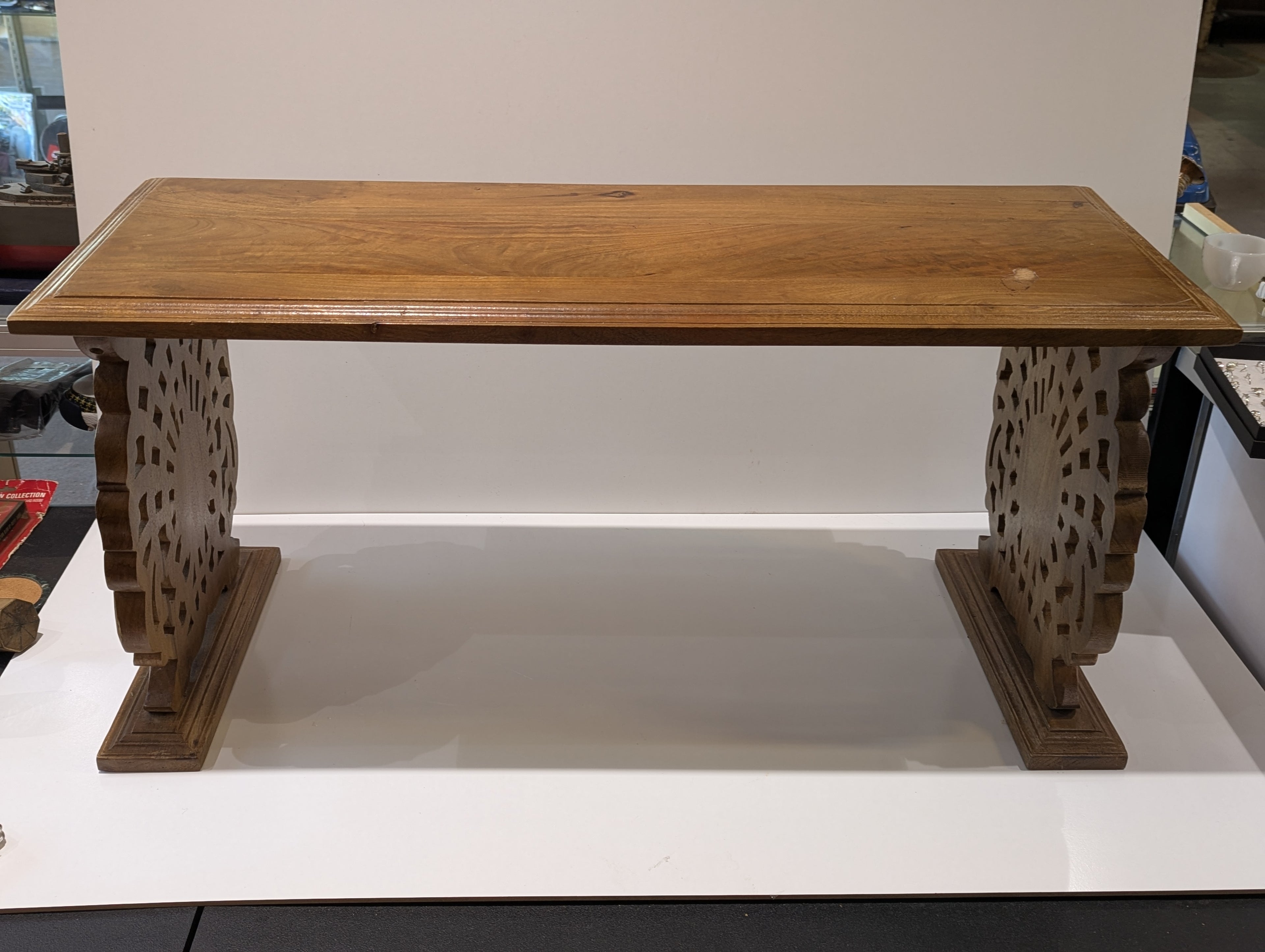 Carved Hardwood Console Table with Openwork Peacock Pedestal Supports in the Indo-Portuguese / Anglo-Indian Taste