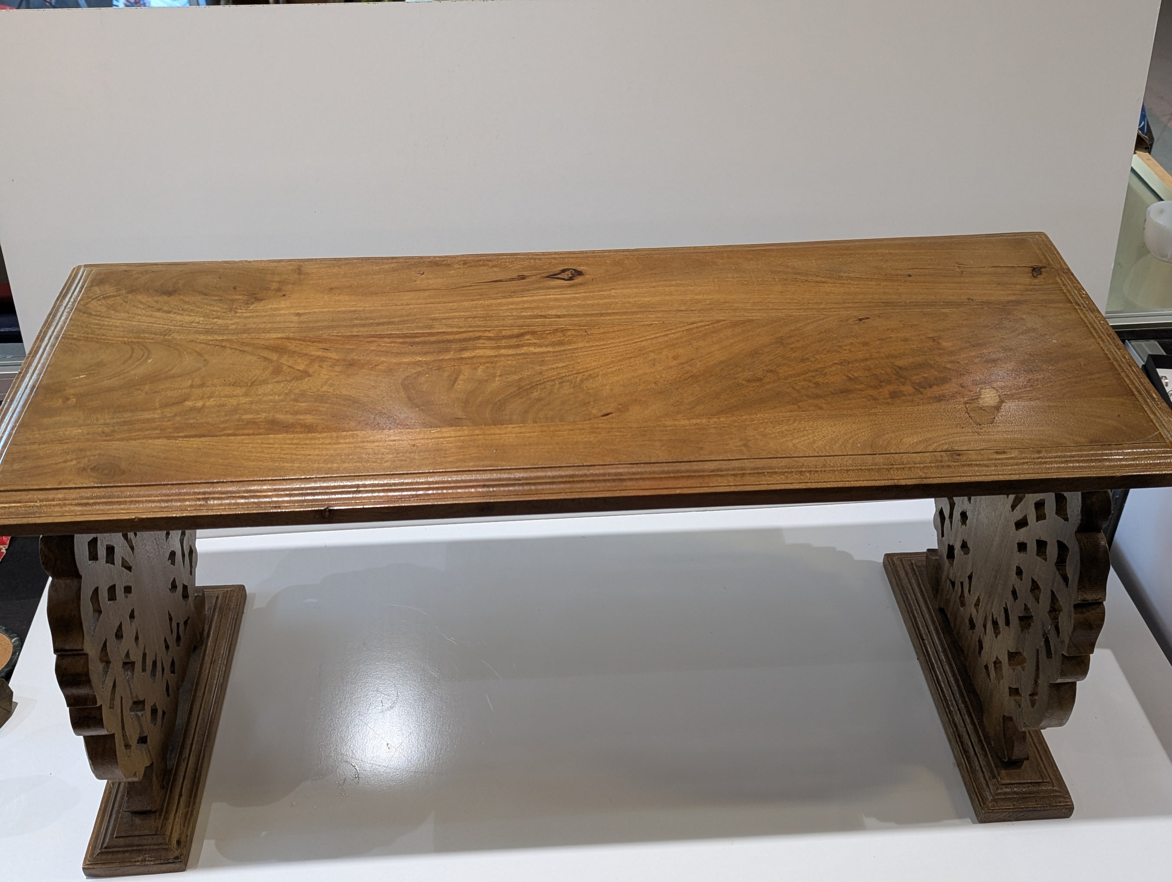 Carved Hardwood Console Table with Openwork Peacock Pedestal Supports in the Indo-Portuguese / Anglo-Indian Taste