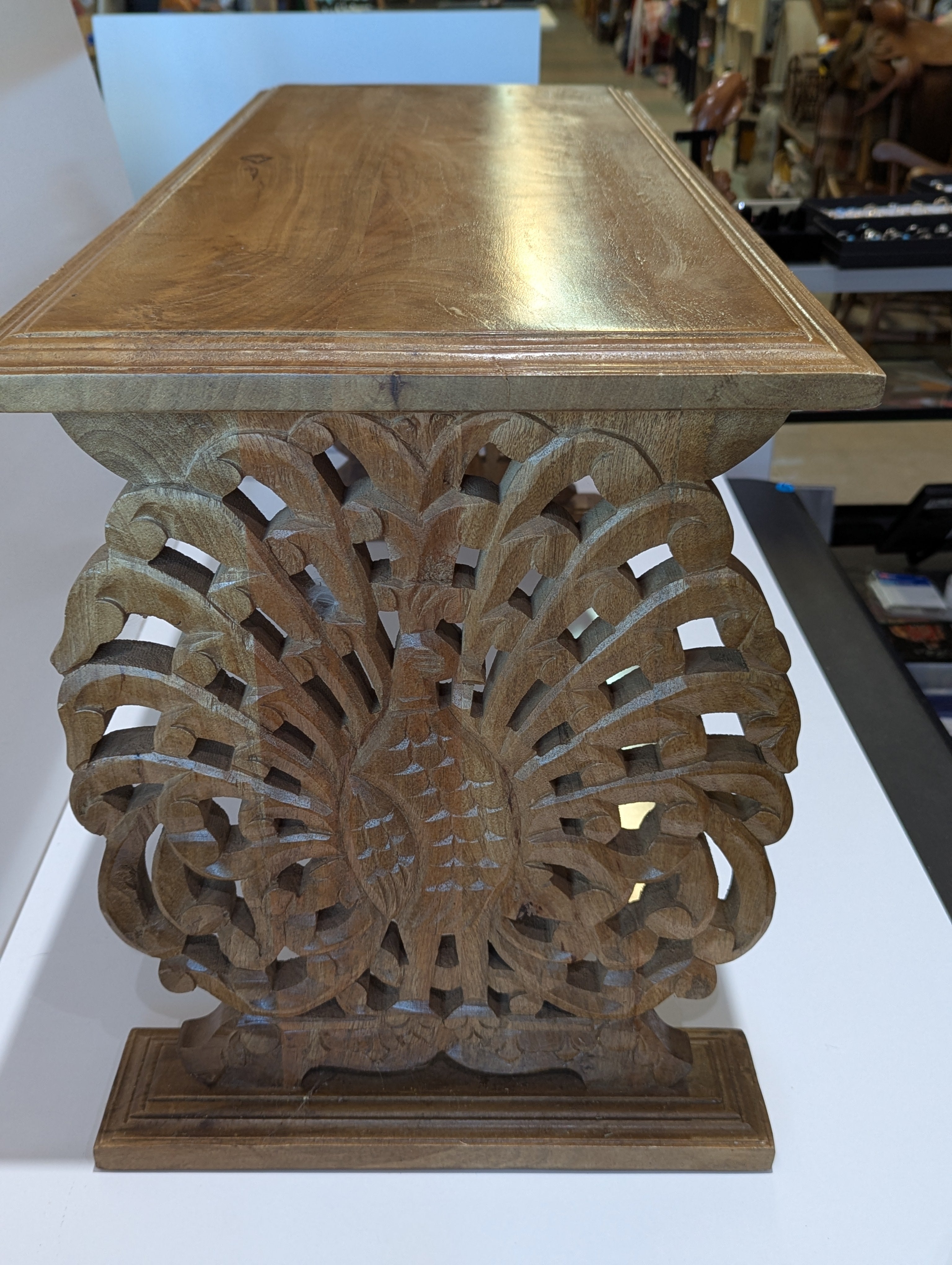 Carved Hardwood Console Table with Openwork Peacock Pedestal Supports in the Indo-Portuguese / Anglo-Indian Taste
