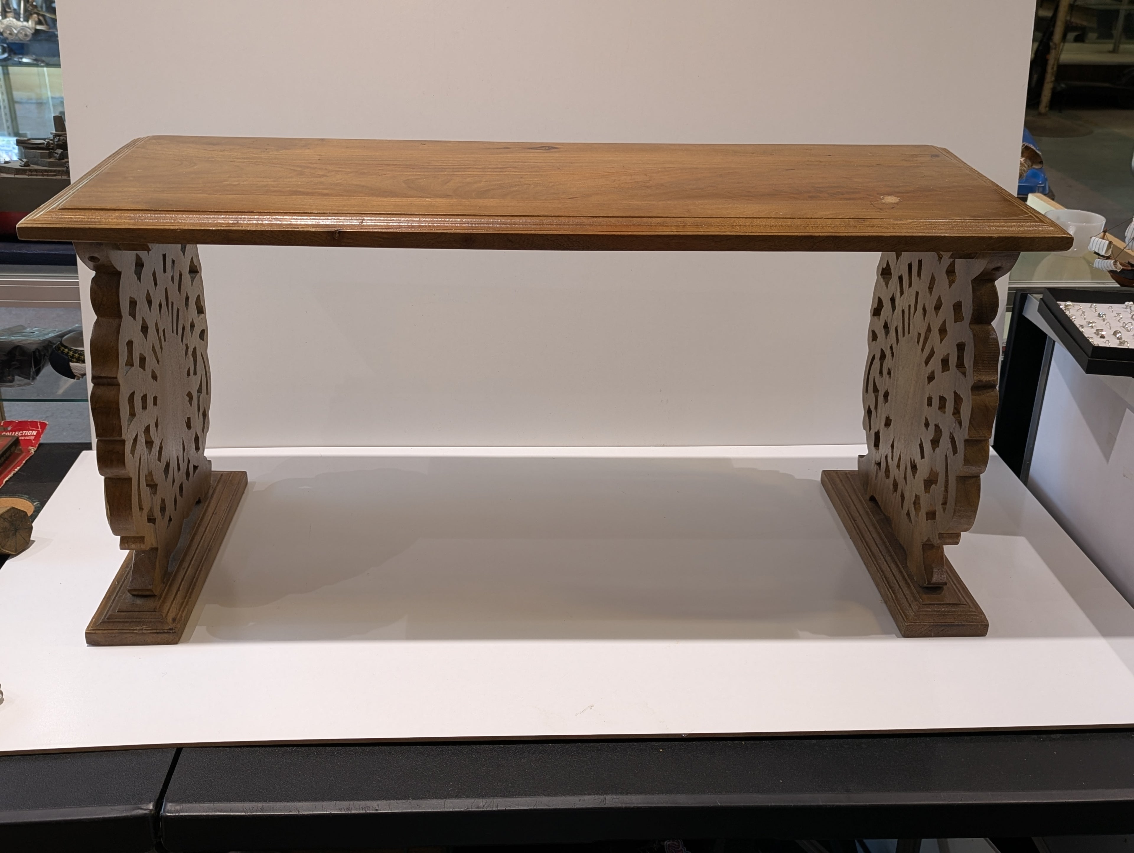 Carved Hardwood Console Table with Openwork Peacock Pedestal Supports in the Indo-Portuguese / Anglo-Indian Taste