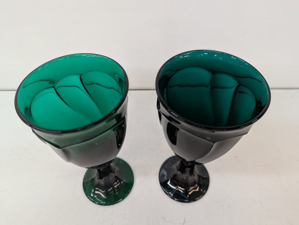 Vintage Set Of 2 Emerald Green Swirl Art Glass Wine Goblets Hand Blown Stemware