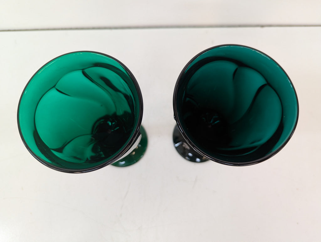 Vintage Set Of 2 Emerald Green Swirl Art Glass Wine Goblets Hand Blown Stemware