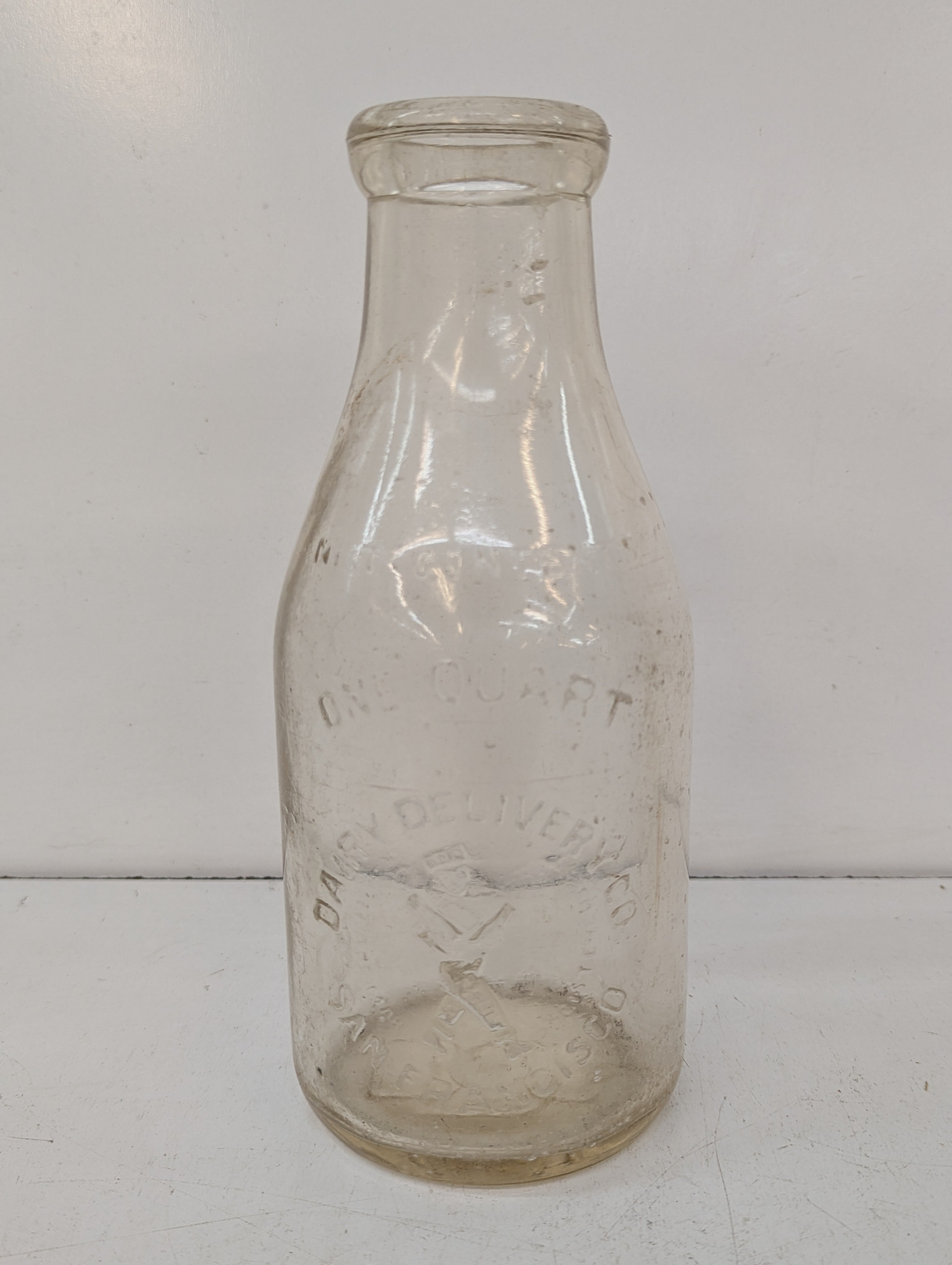 Vintage One Quart Dairy Delivery Milk Bottle Embossed Glass Creamery Advertising