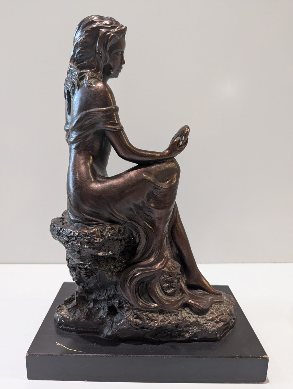 Austin Sculpture Seated Woman Holding Shell Bronze Finish Figurine Signed Accent Decor