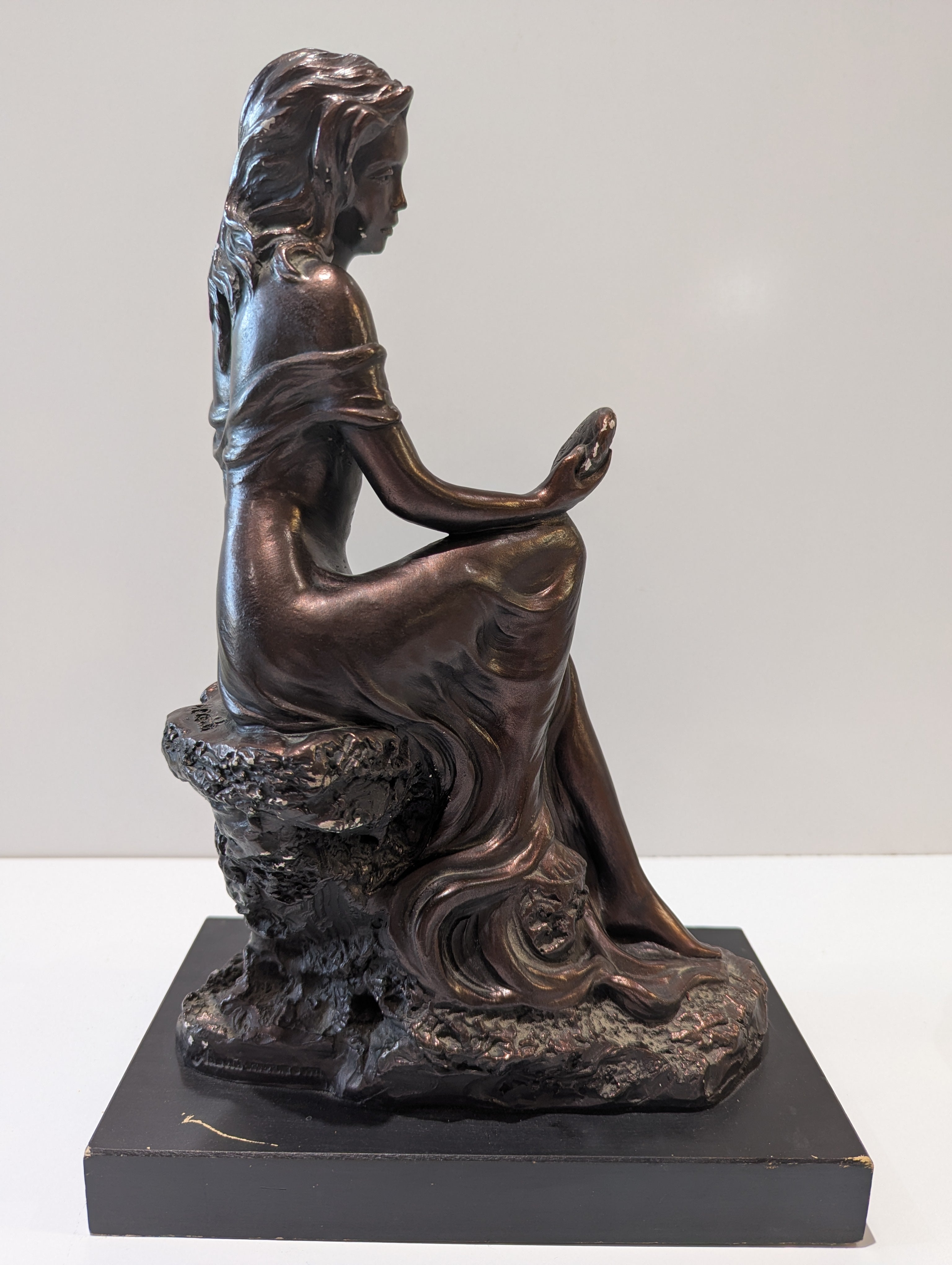 Austin Sculpture Seated Woman Holding Shell Bronze Finish Figurine Signed Accent Decor