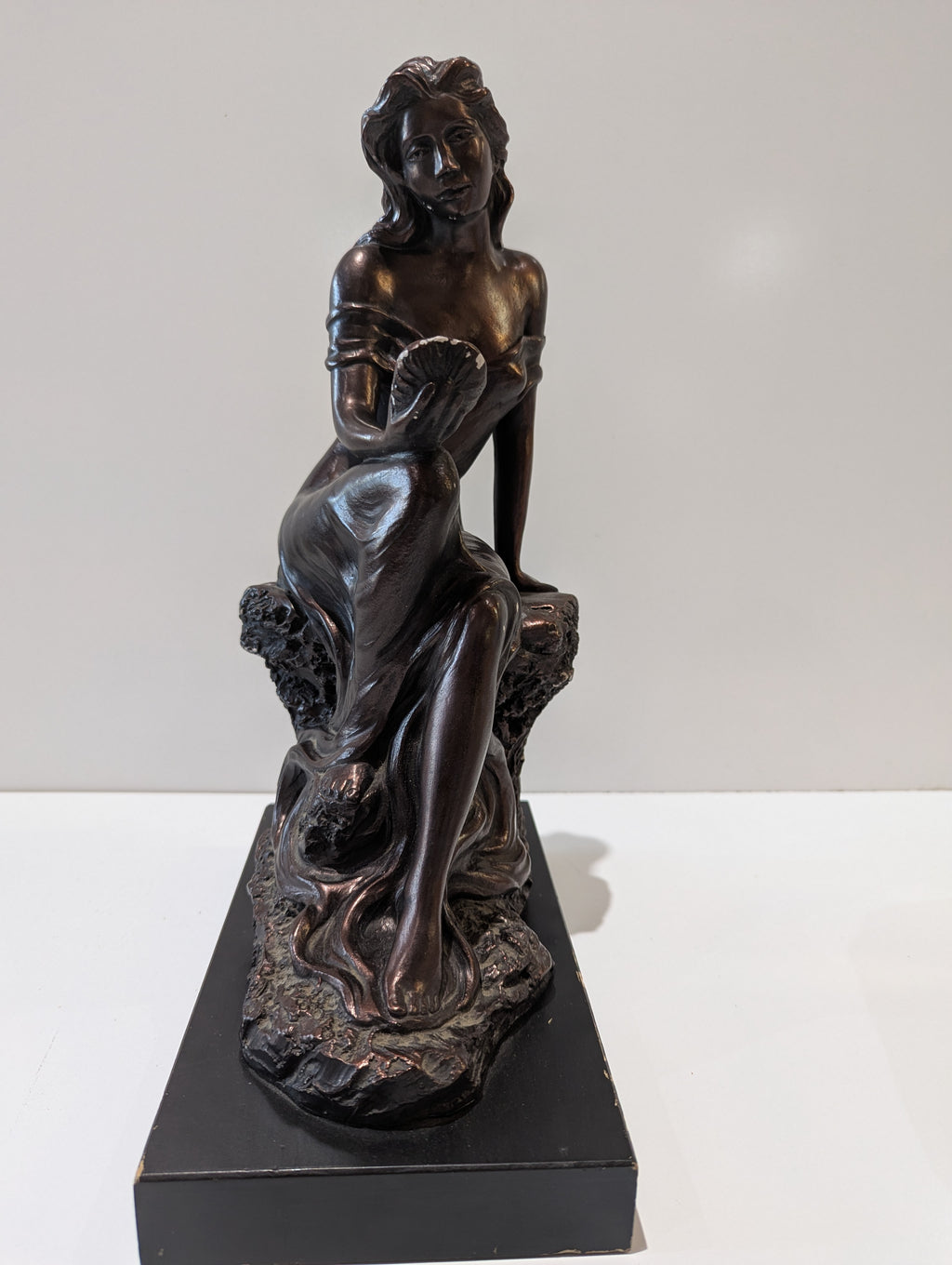 Austin Sculpture Seated Woman Holding Shell Bronze Finish Figurine Signed Accent Decor