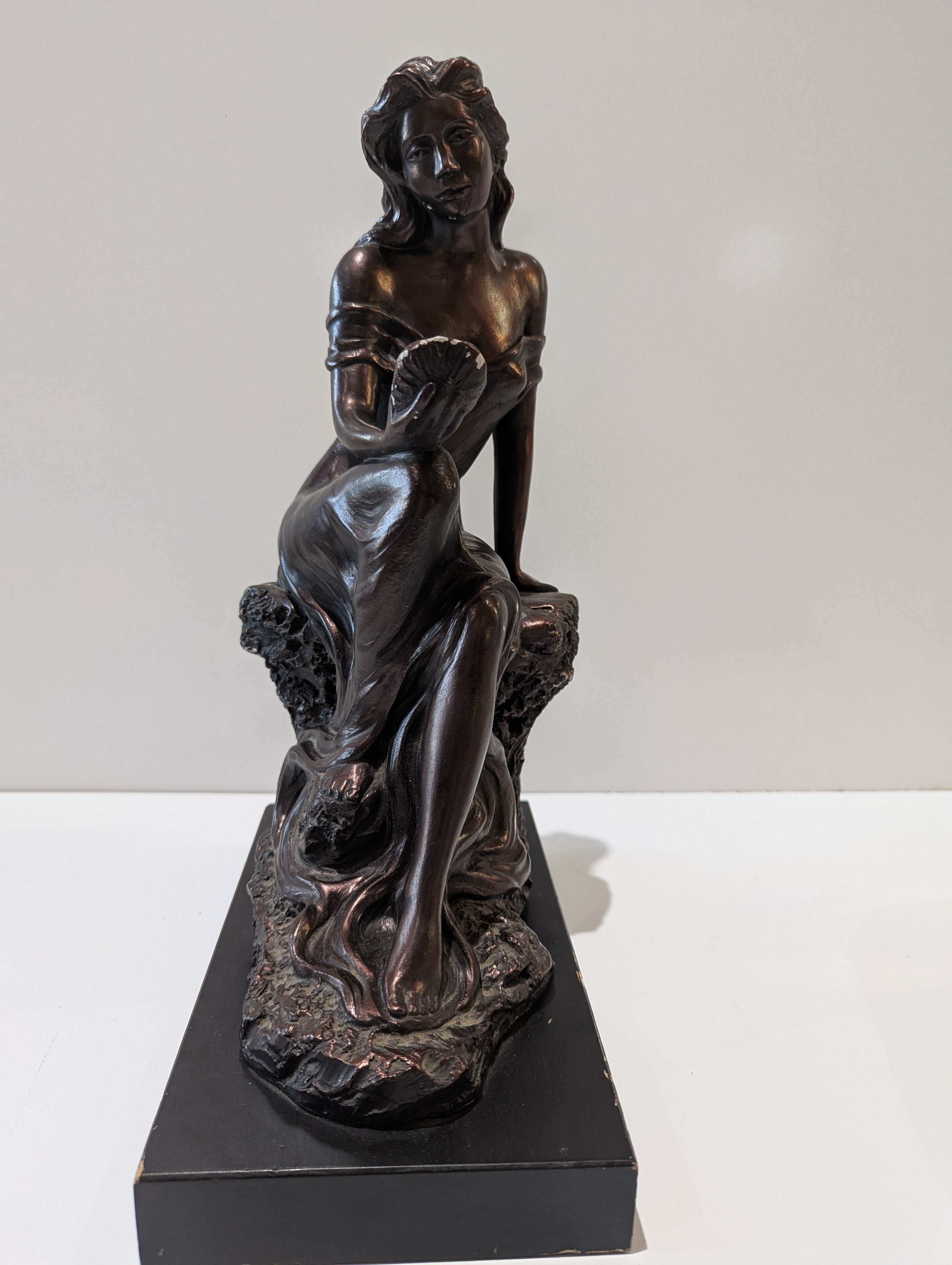 Austin Sculpture Seated Woman Holding Shell Bronze Finish Figurine Signed Accent Decor