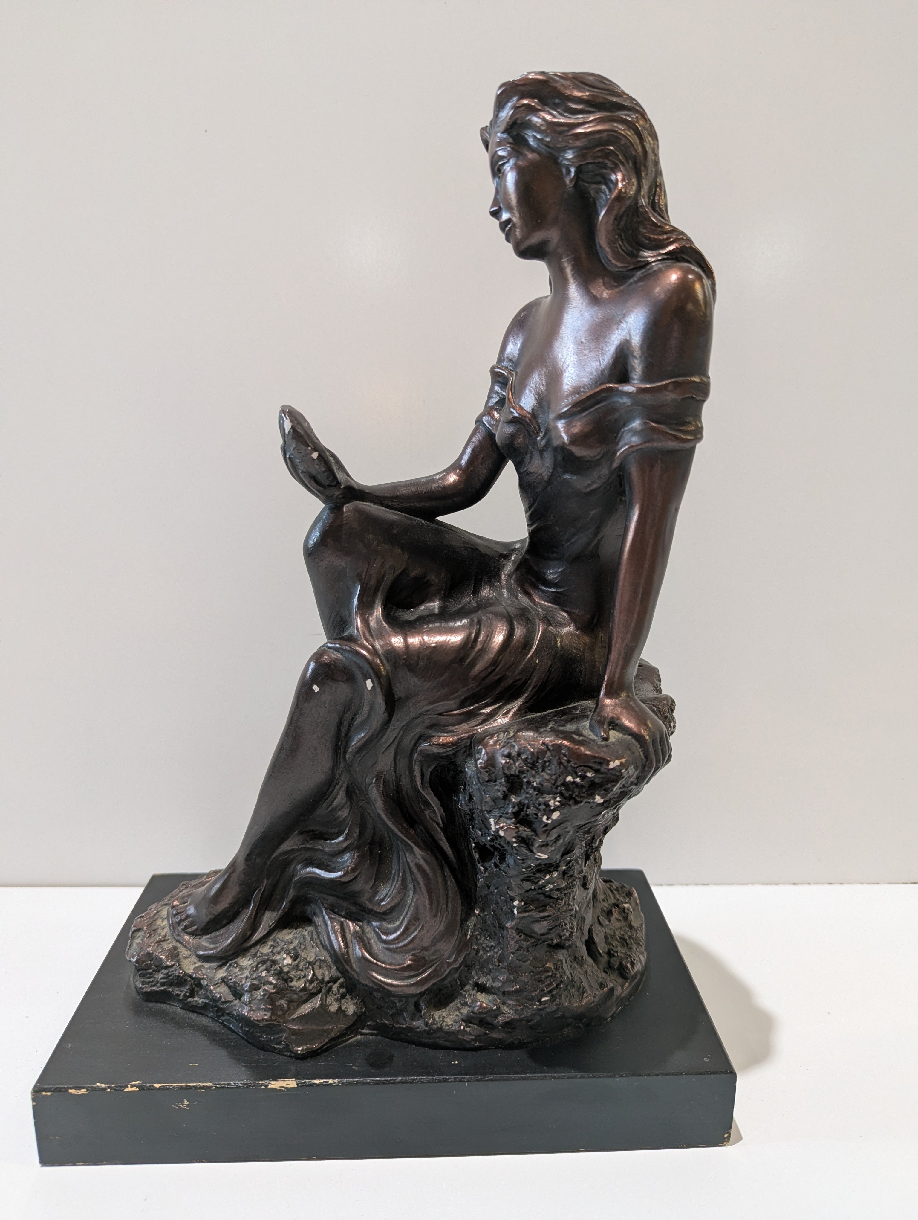 Austin Sculpture Seated Woman Holding Shell Bronze Finish Figurine Signed Accent Decor