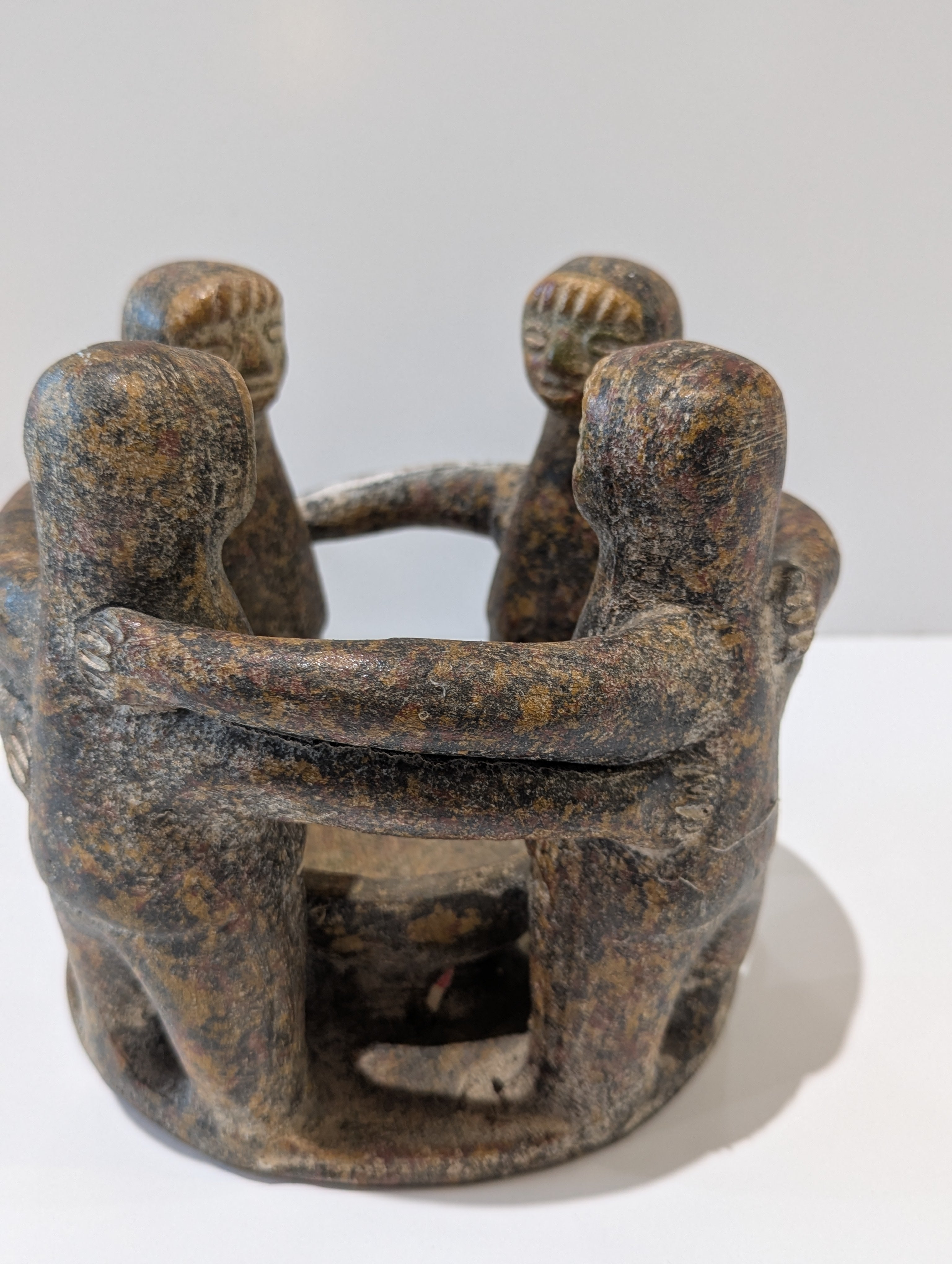 Vintage Handcrafted Four Figures Circle Unity Pottery Sculpture Bowl Folk Art Decor