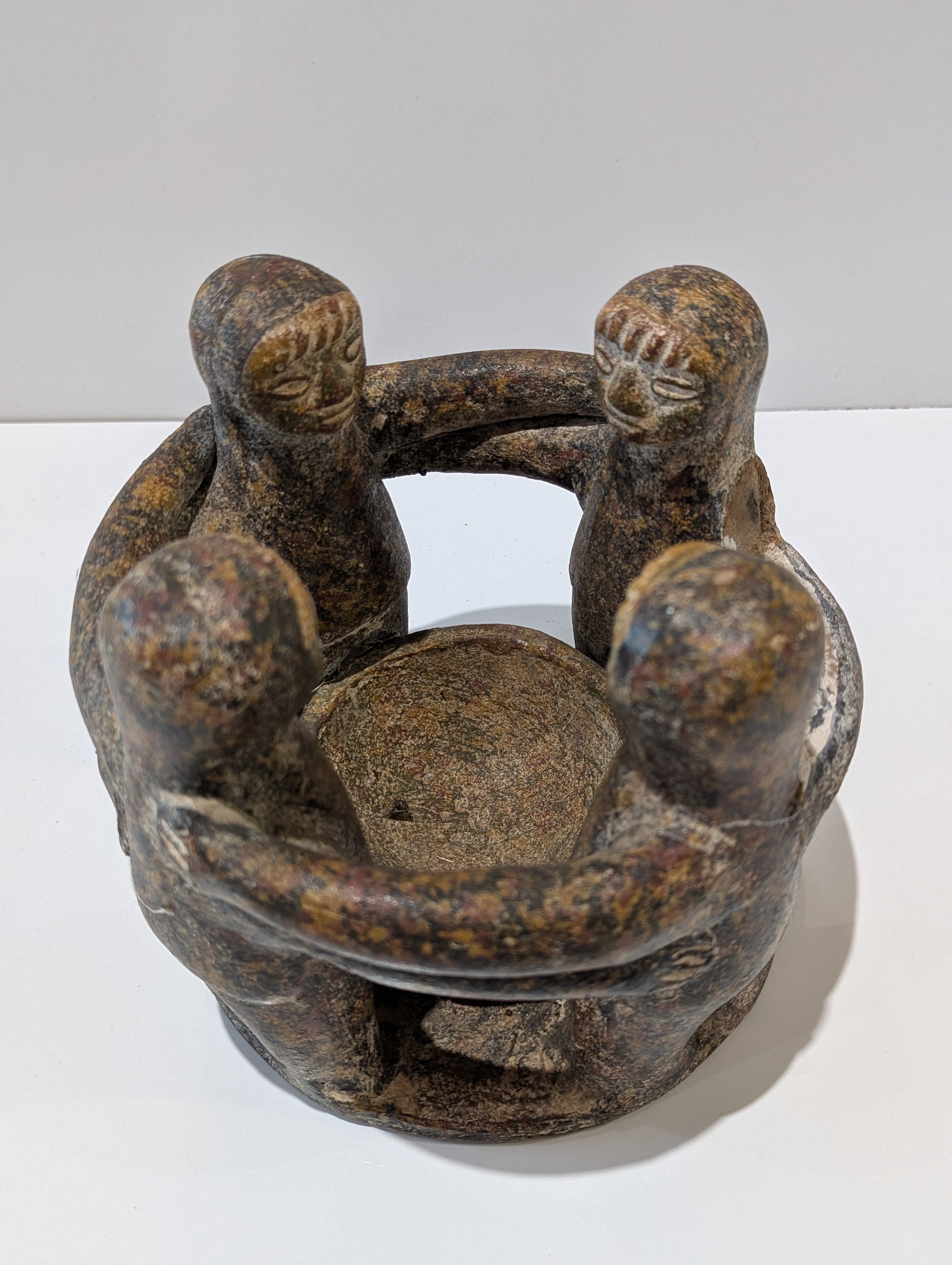 Vintage Handcrafted Four Figures Circle Unity Pottery Sculpture Bowl Folk Art Decor