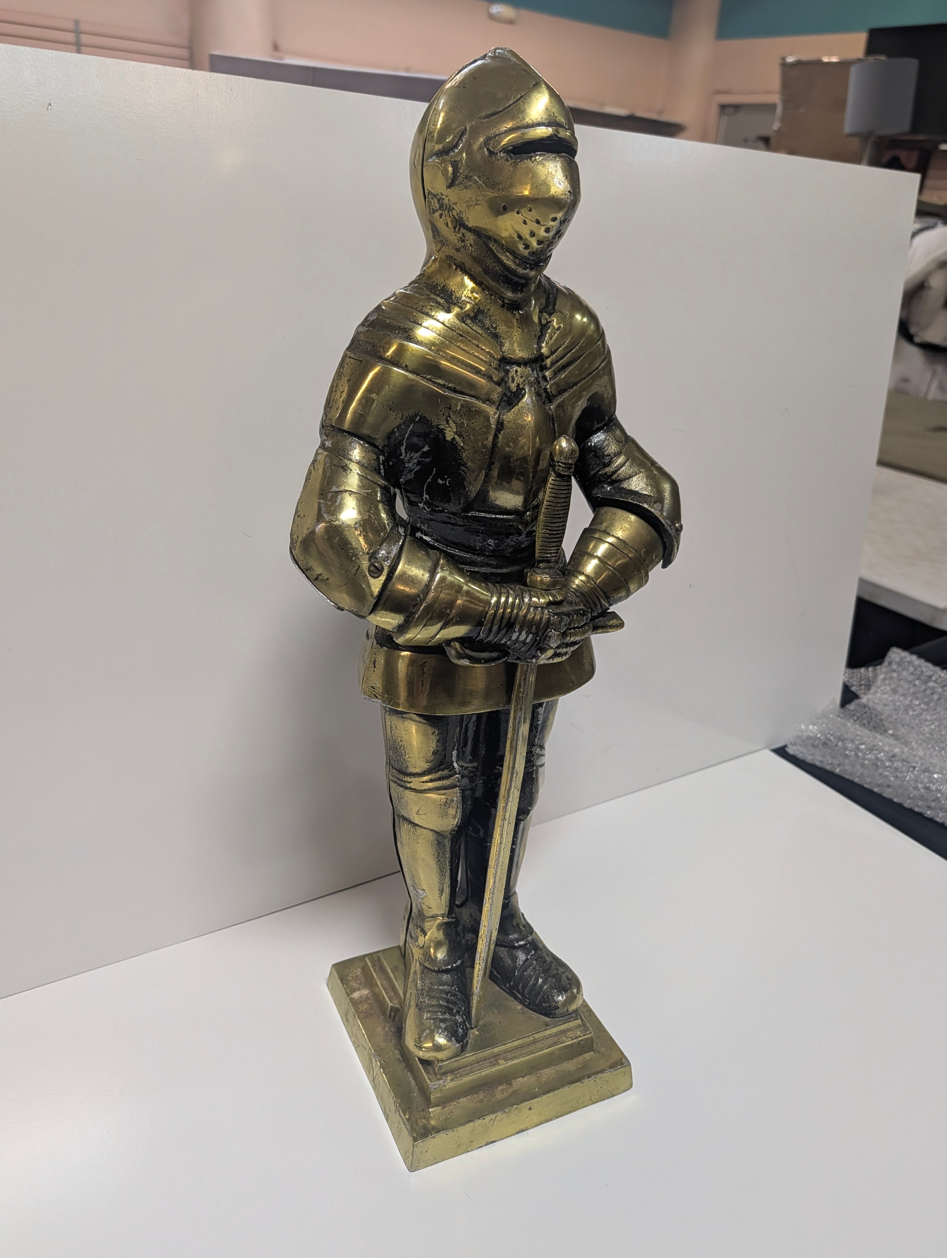 Vintage Brass Medieval Knight Armor Statue Figurine Sword Display Decor Collectible