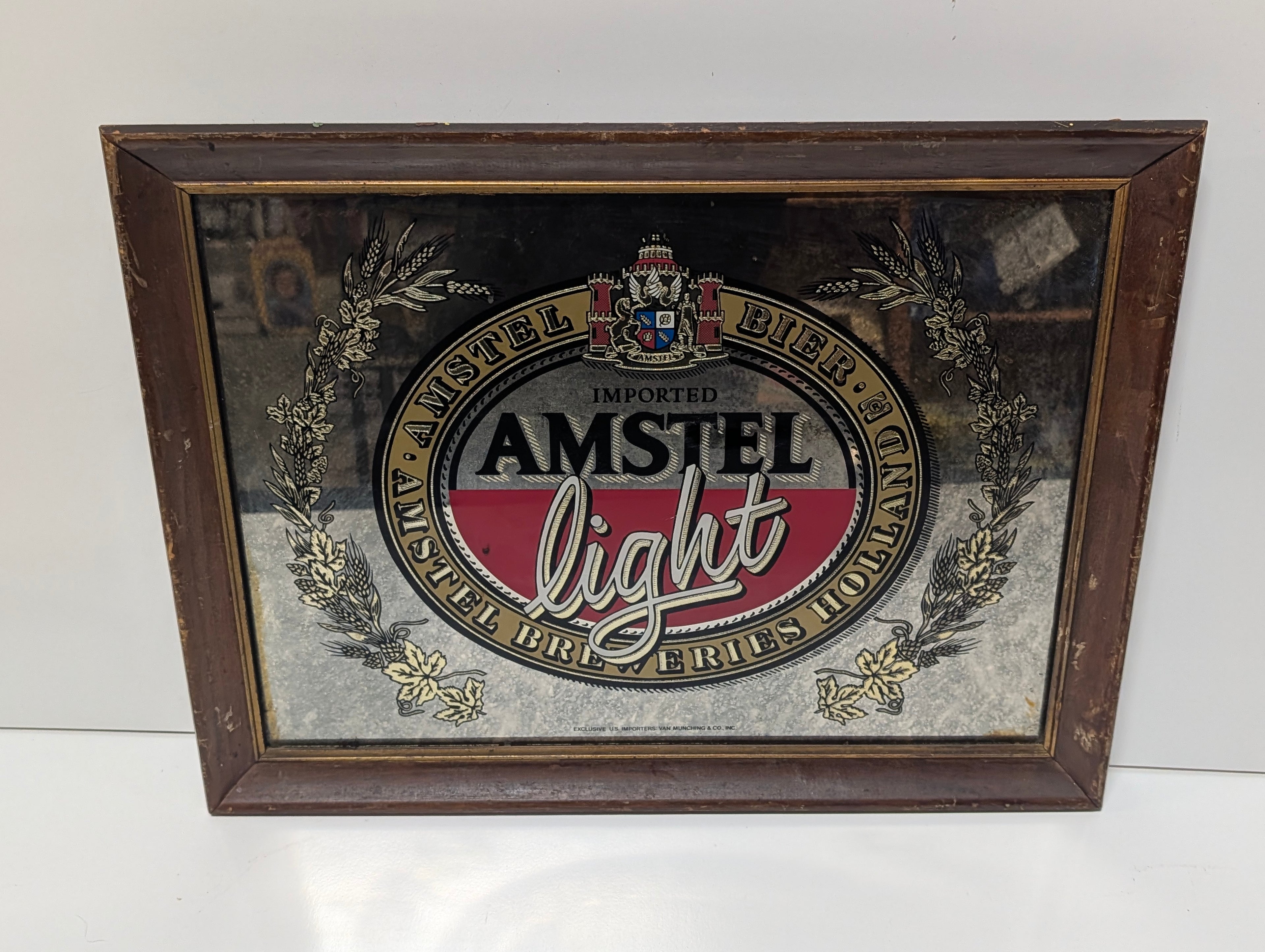 Vintage Amstel Light Beer Framed Bar Mirror Advertising Sign Breweriana Pub Decor