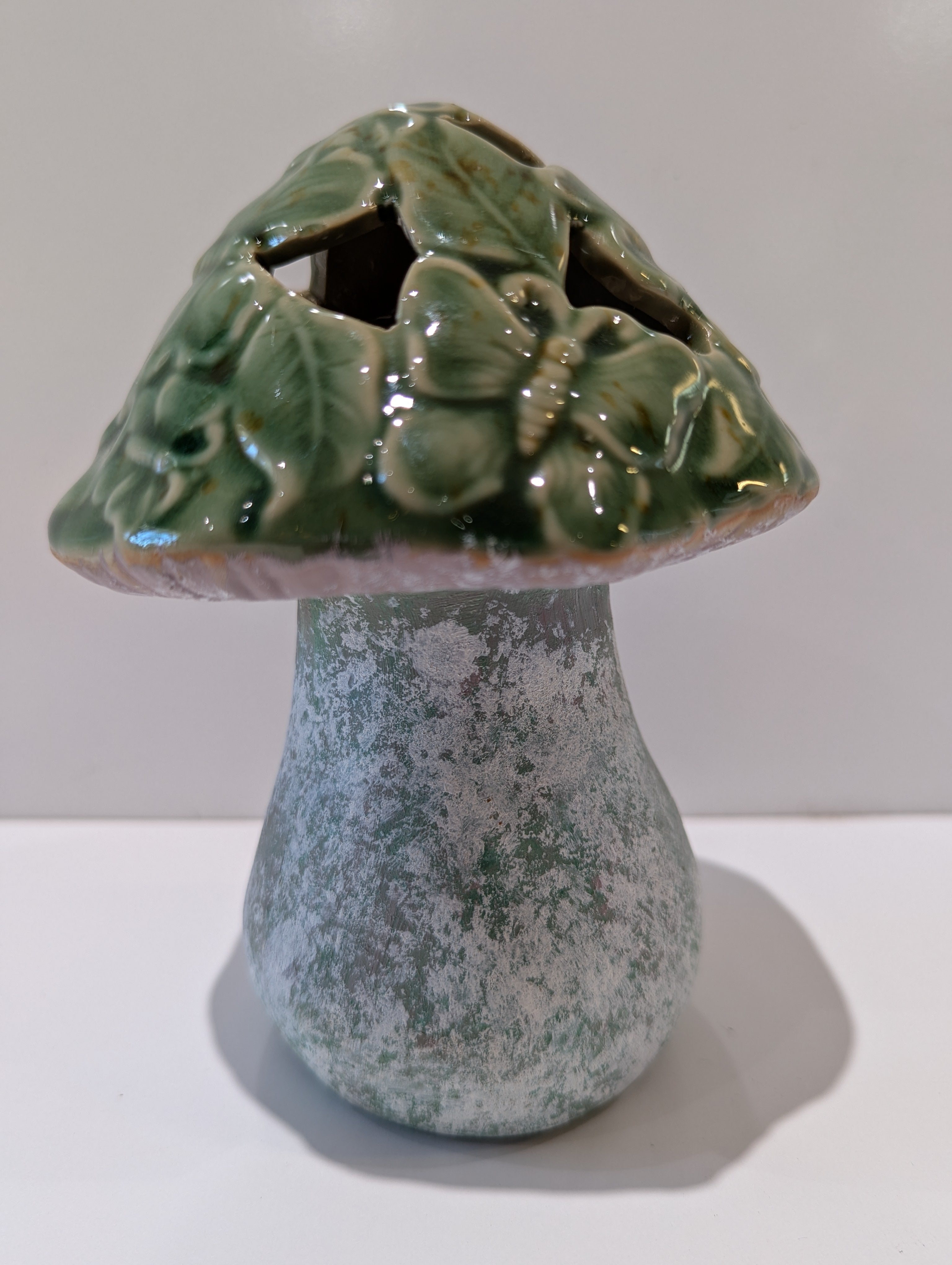 Ceramic Mushroom Tea Light Candle Holder Green Floral Garden Decor Rustic Accent