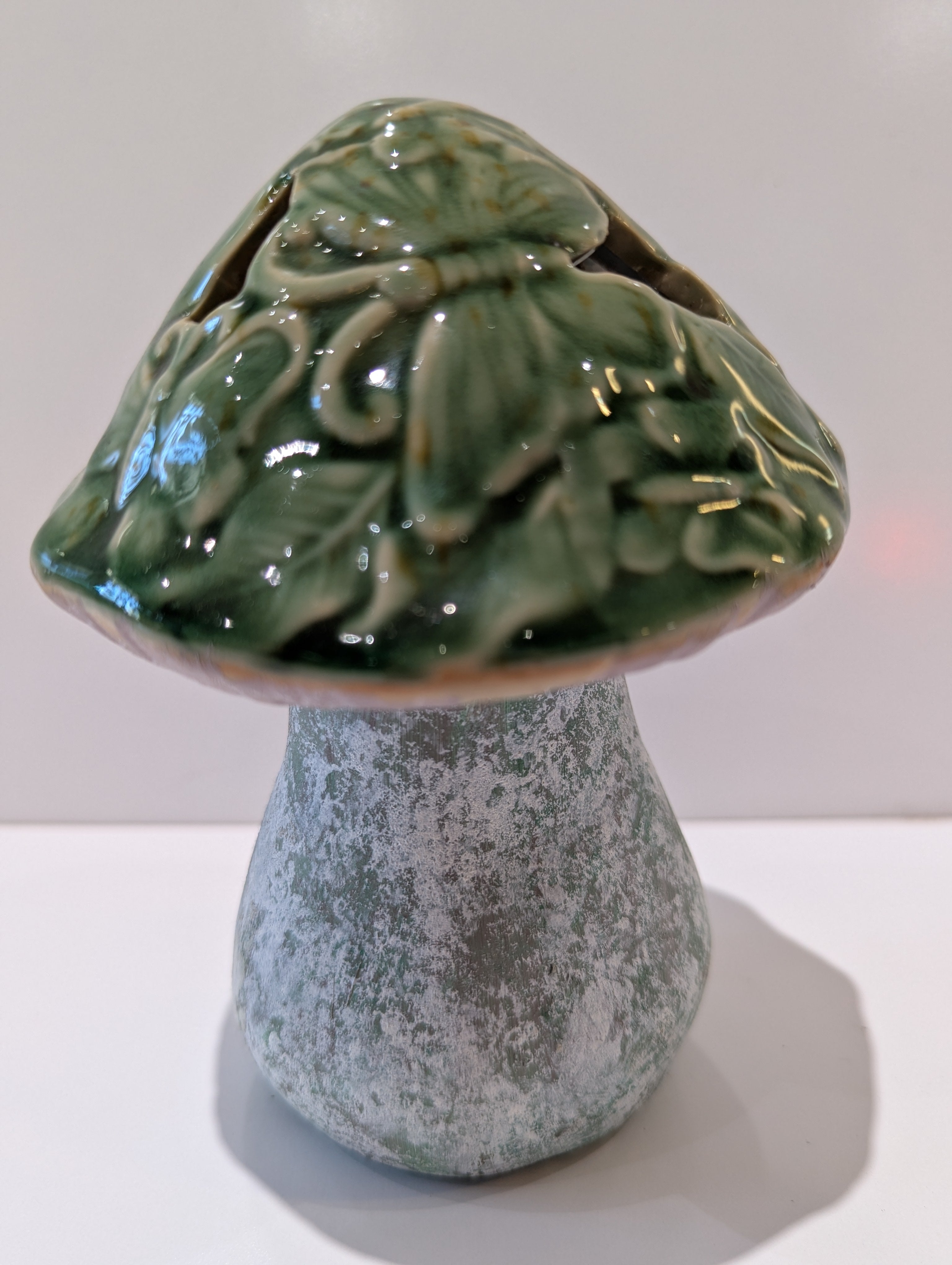 Ceramic Mushroom Tea Light Candle Holder Green Floral Garden Decor Rustic Accent