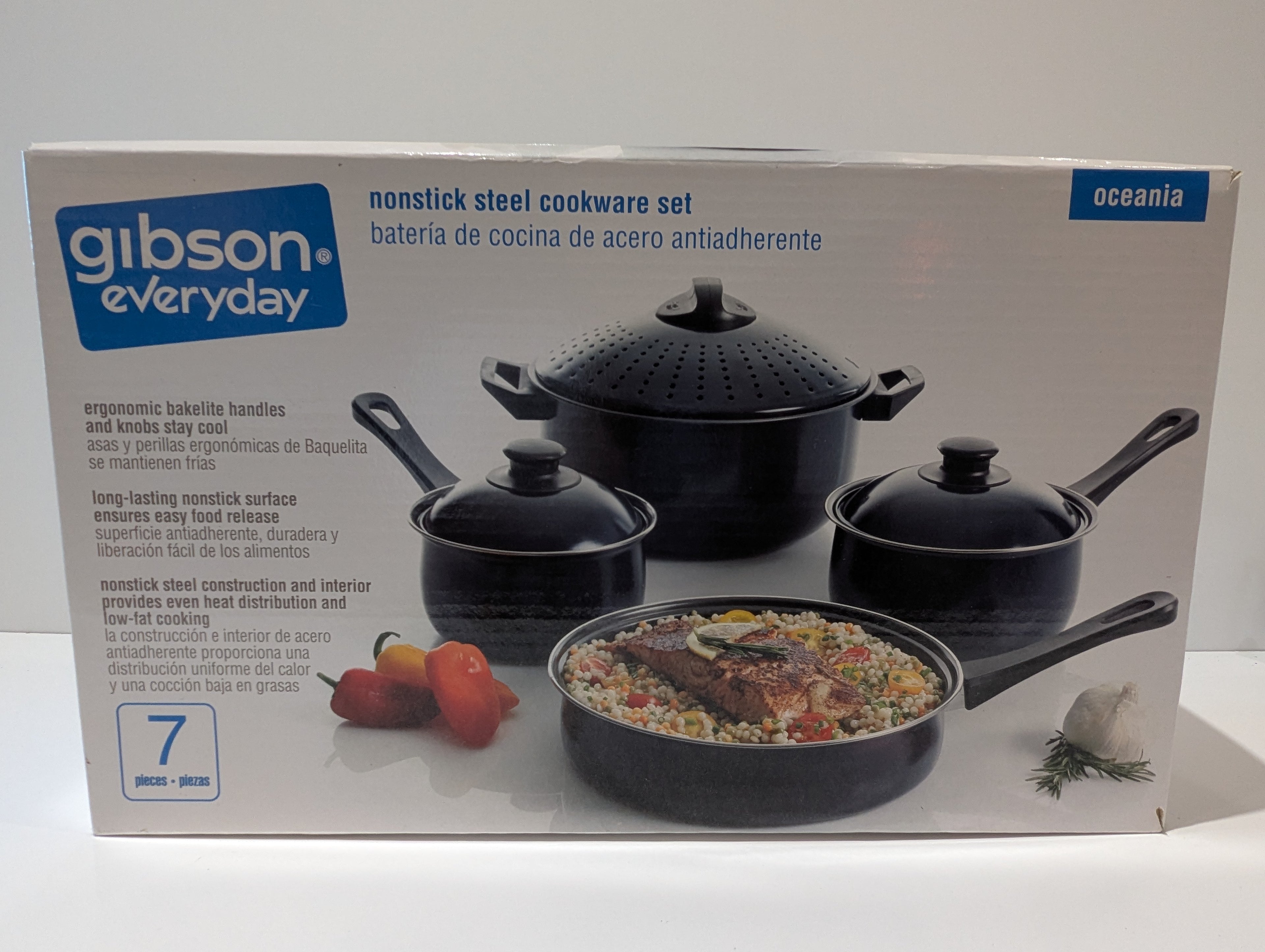 Gibson Everyday Oceania 7 Piece Nonstick Steel Cookware Set New Factory Sealed