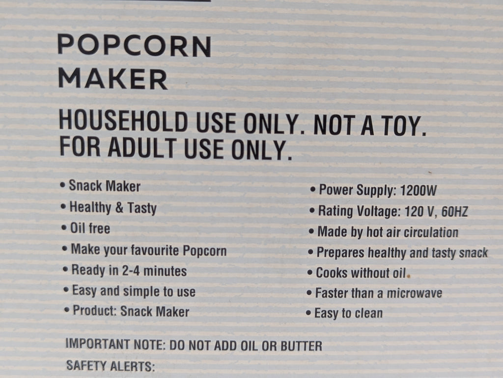 Modern Expressions Hot Air Popcorn Maker 1200W Oil Free Snack Machine New Sealed