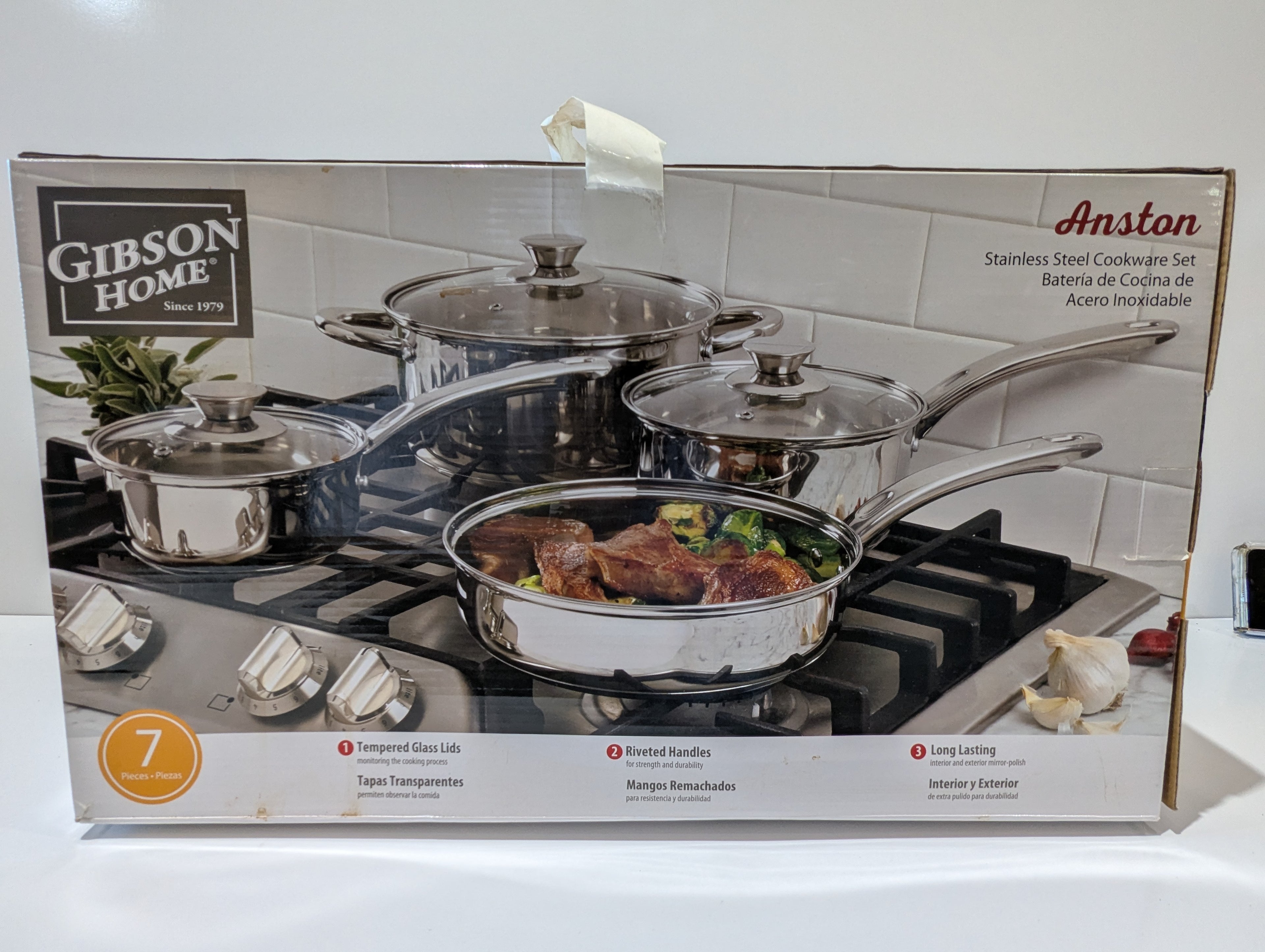Gibson Home Anston 7 Piece Stainless Steel Cookware Set Glass Lids Dishwasher Safe