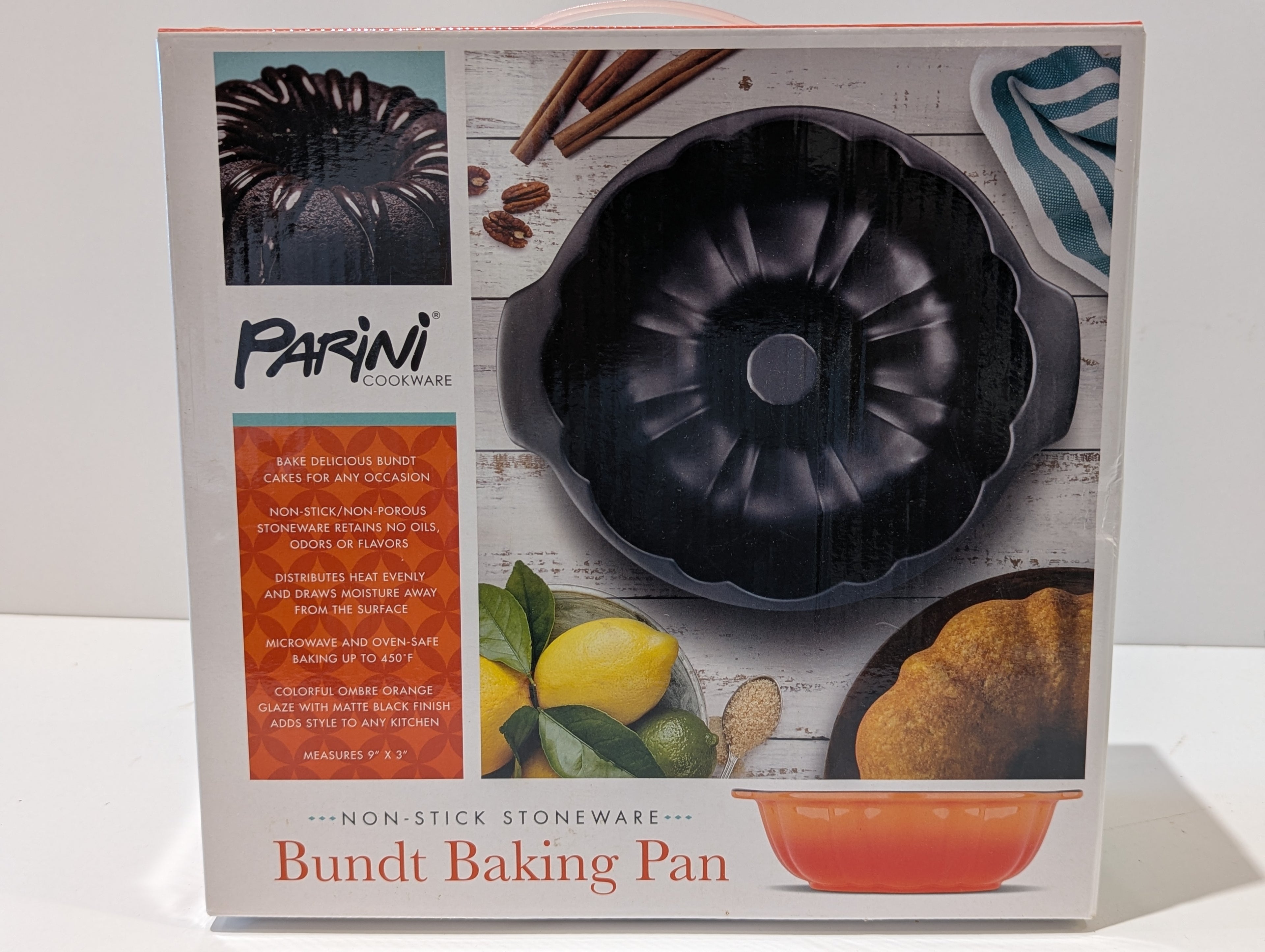 Parini Non-Stick Stoneware Bundt Baking Pan 9 x 3 Inch Ombre Orange New In Box