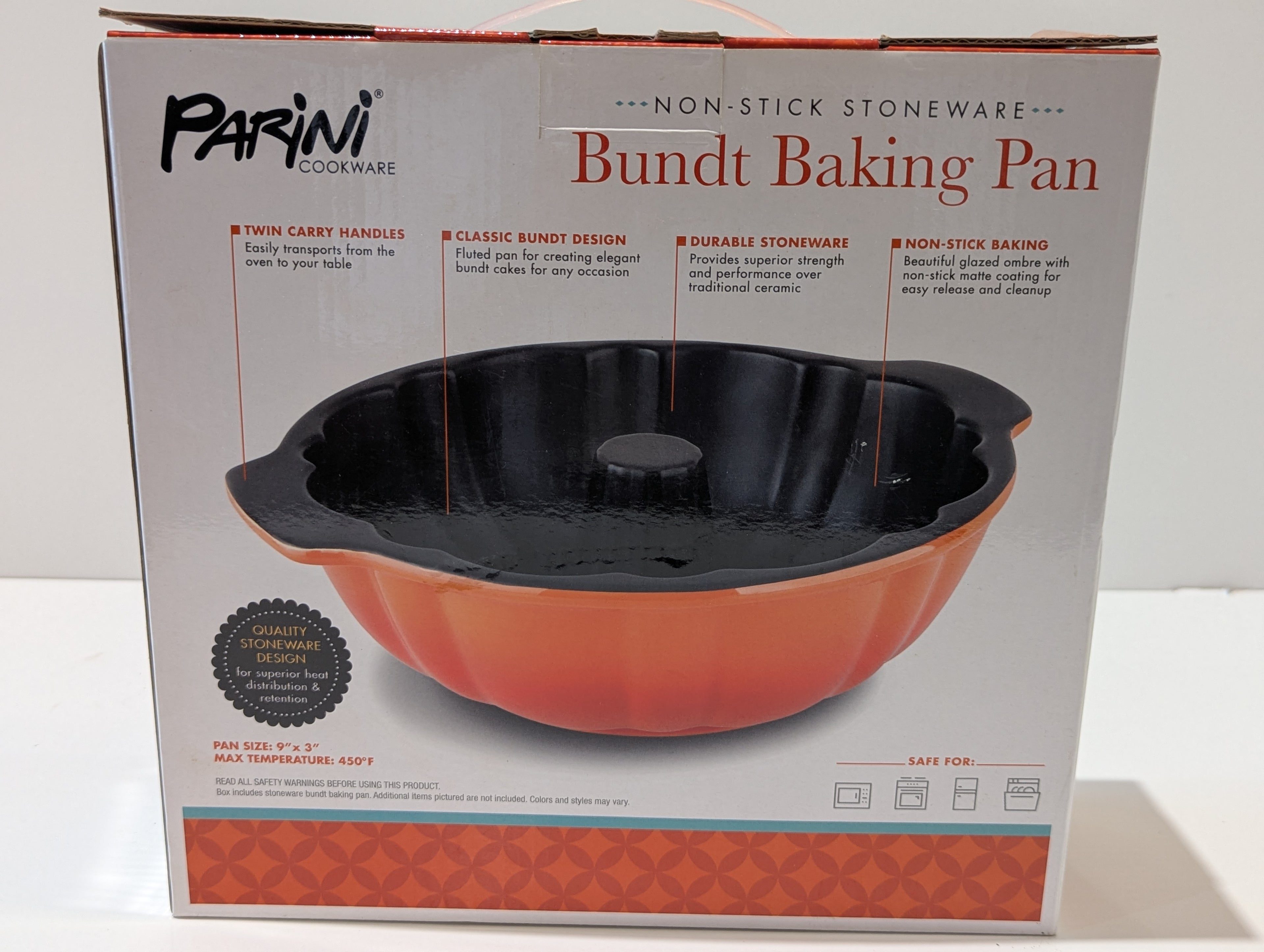 Parini Non-Stick Stoneware Bundt Baking Pan 9 x 3 Inch Ombre Orange New In Box
