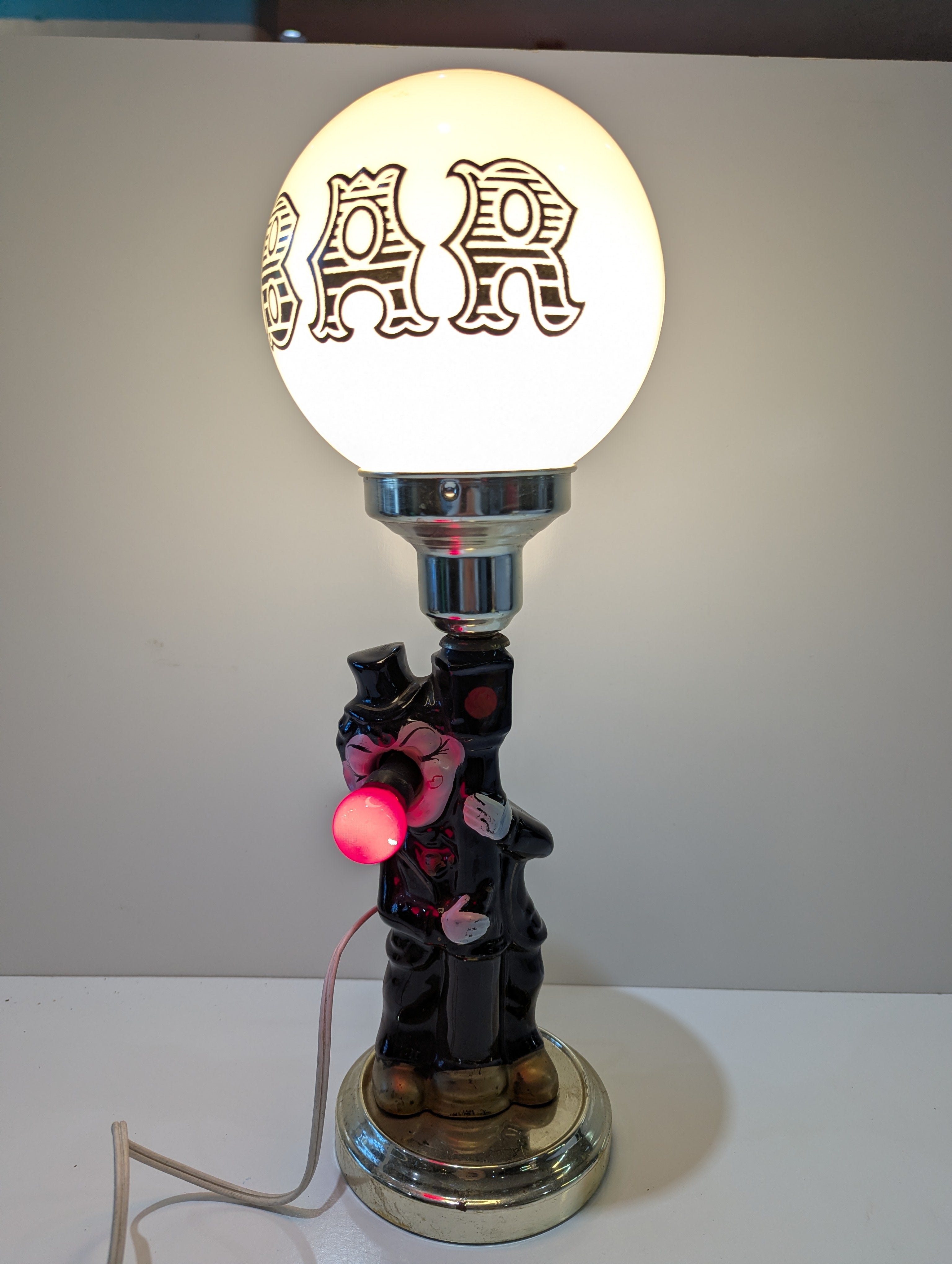Vintage BAR Clown Figural Globe Lamp Light Red Nose Novelty Table Accent Light