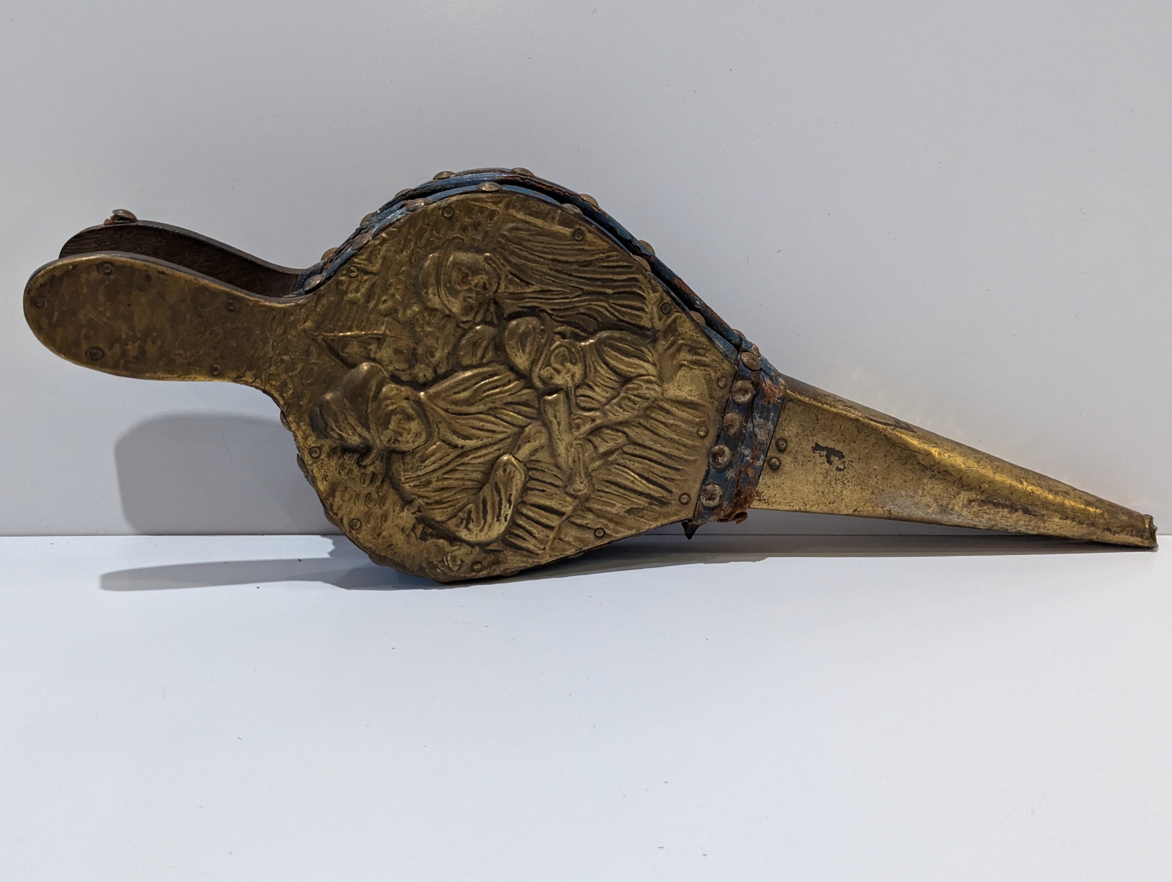 Vintage Embossed Brass Fireplace Bellows Wood Handle Folk Art Hearth Decor Tool