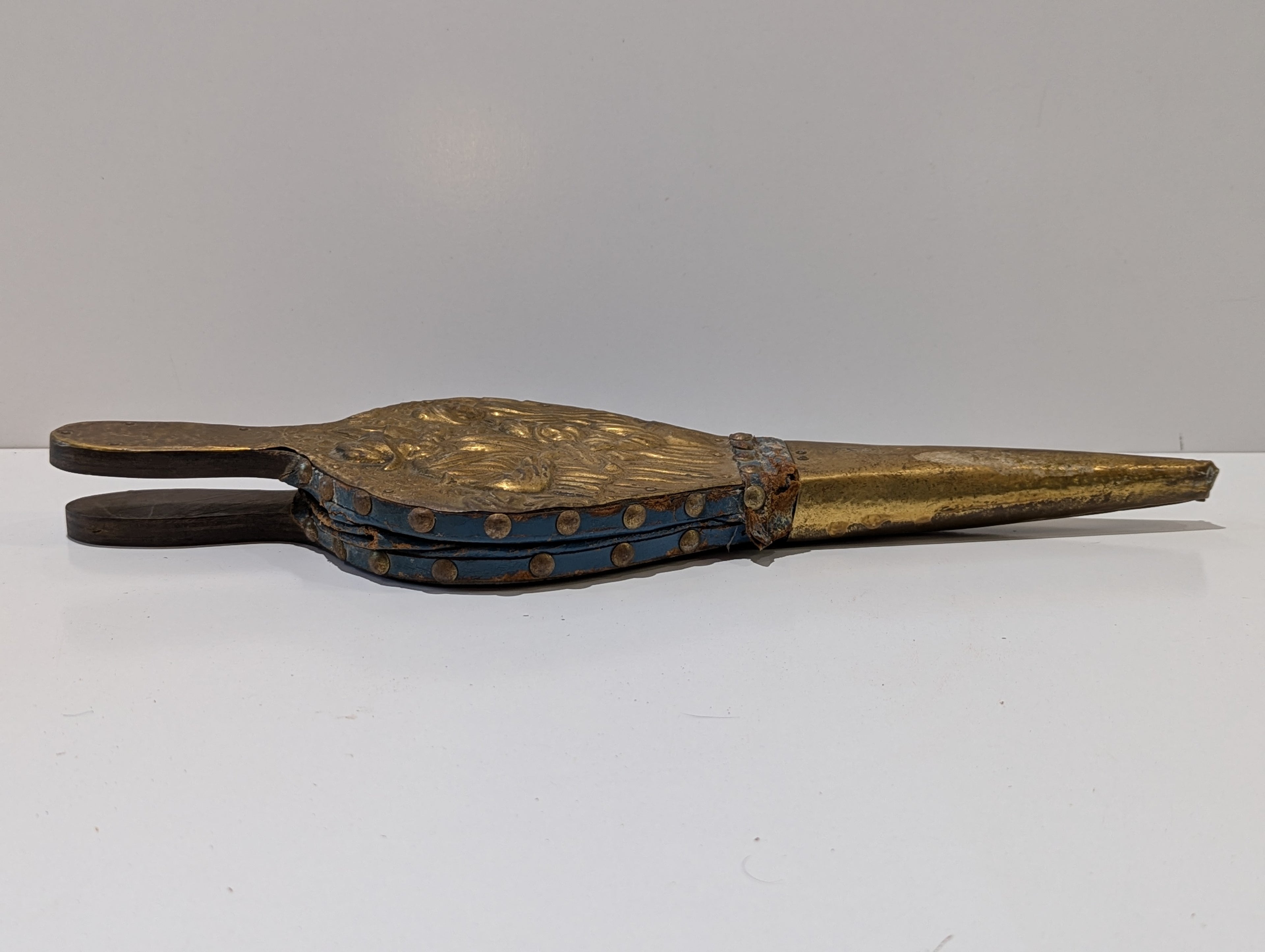 Vintage Embossed Brass Fireplace Bellows Wood Handle Folk Art Hearth Decor Tool