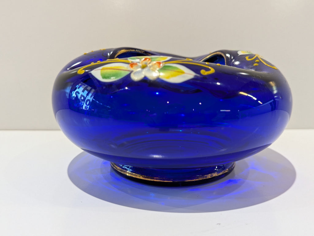 Vintage Cobalt Blue Art Glass Floral Hand Painted Open Top Bowl Centerpiece Vase
