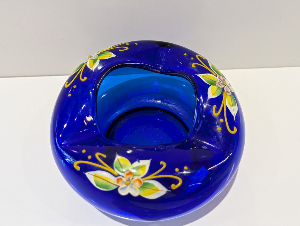 Vintage Cobalt Blue Art Glass Floral Hand Painted Open Top Bowl Centerpiece Vase