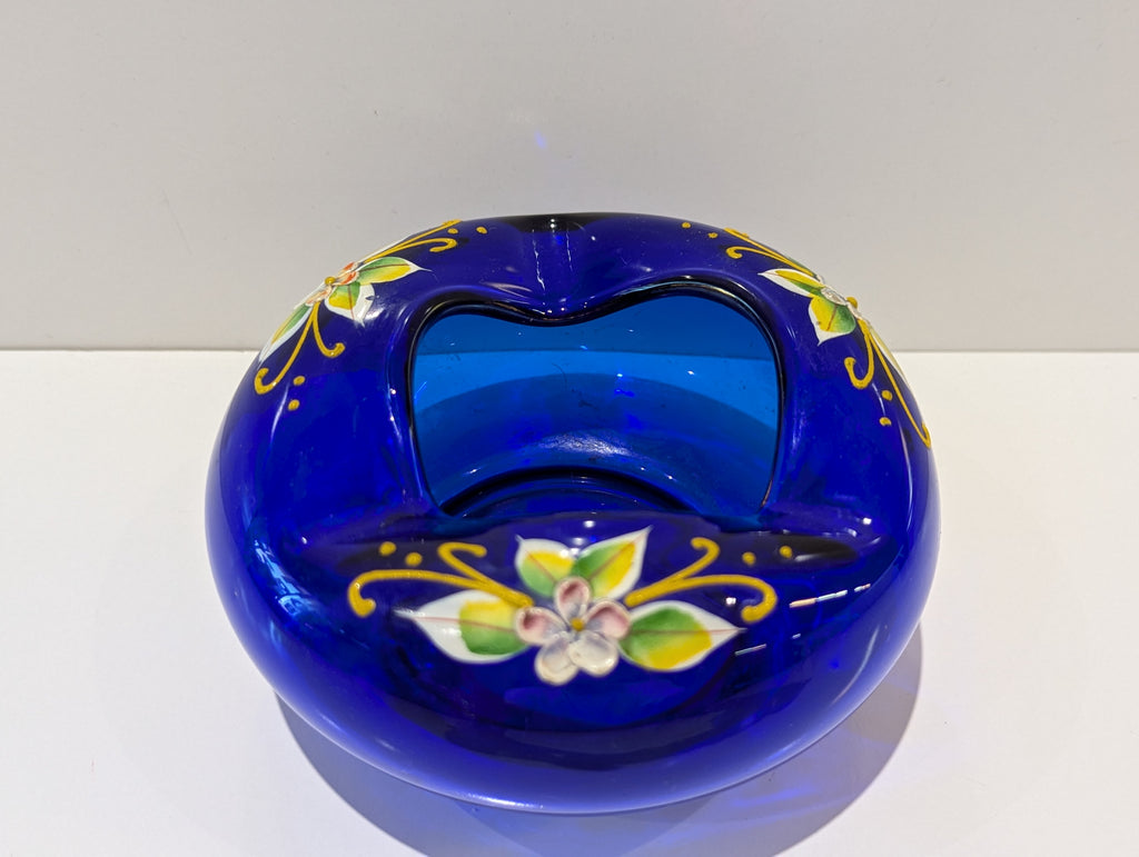 Vintage Cobalt Blue Art Glass Floral Hand Painted Open Top Bowl Centerpiece Vase