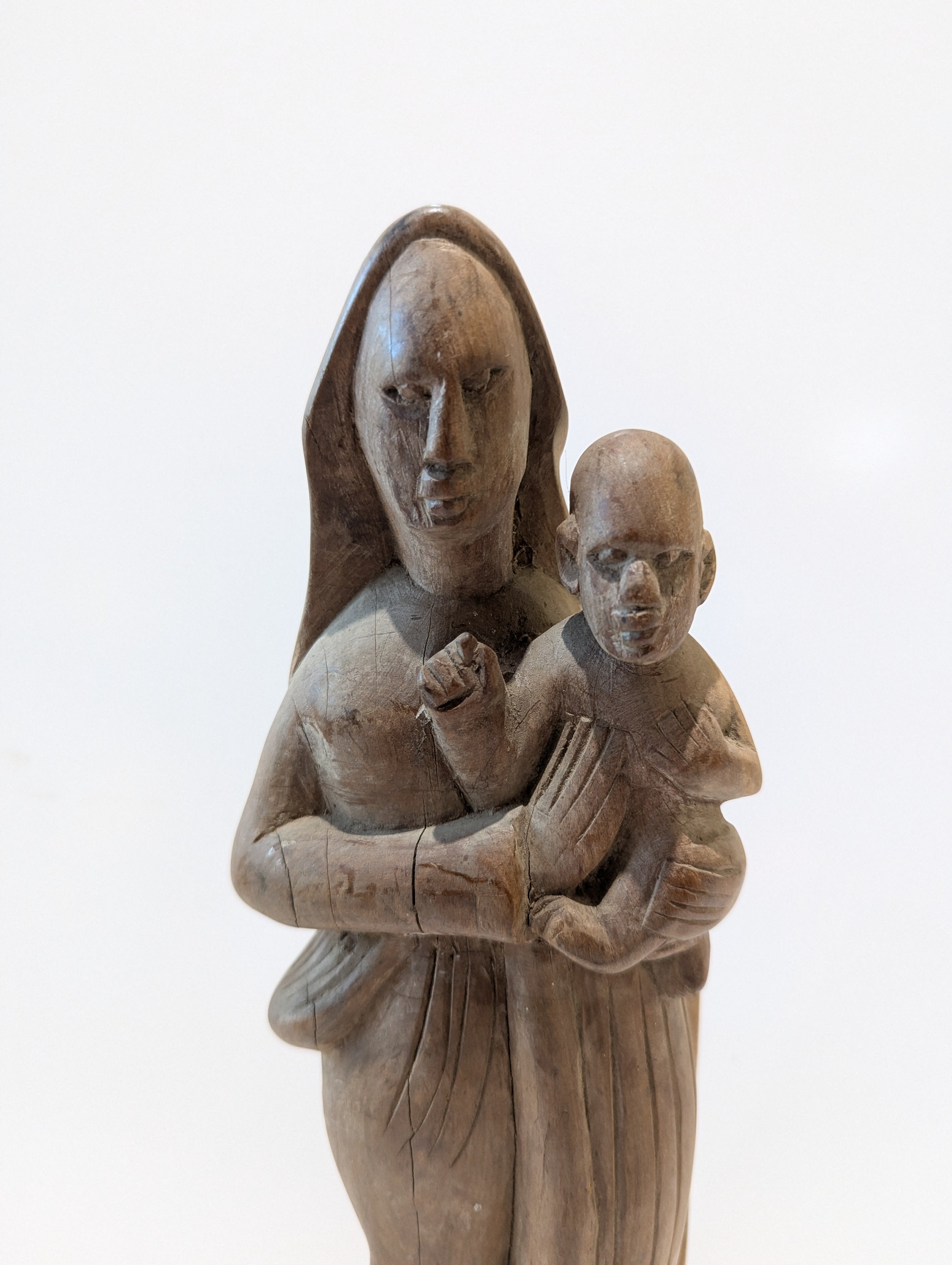 Vintage Hand Carved Wood Madonna And Child Religious Folk Art Sculpture Statue