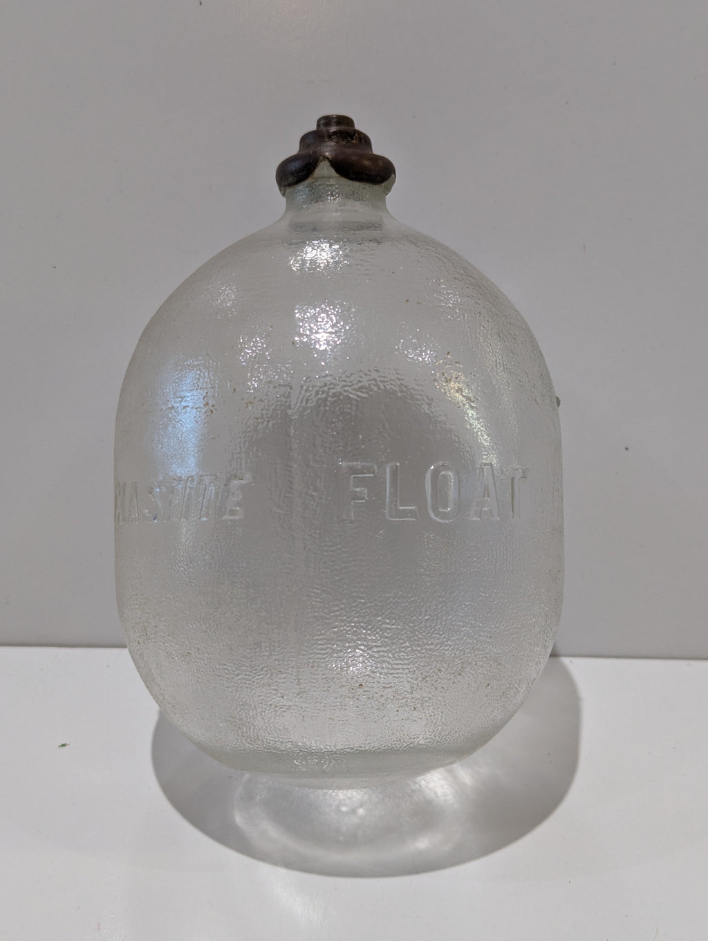 Vintage Glass Float Embossed "CLASTITE FLOAT" Utility Float Buoy With Metal Collar